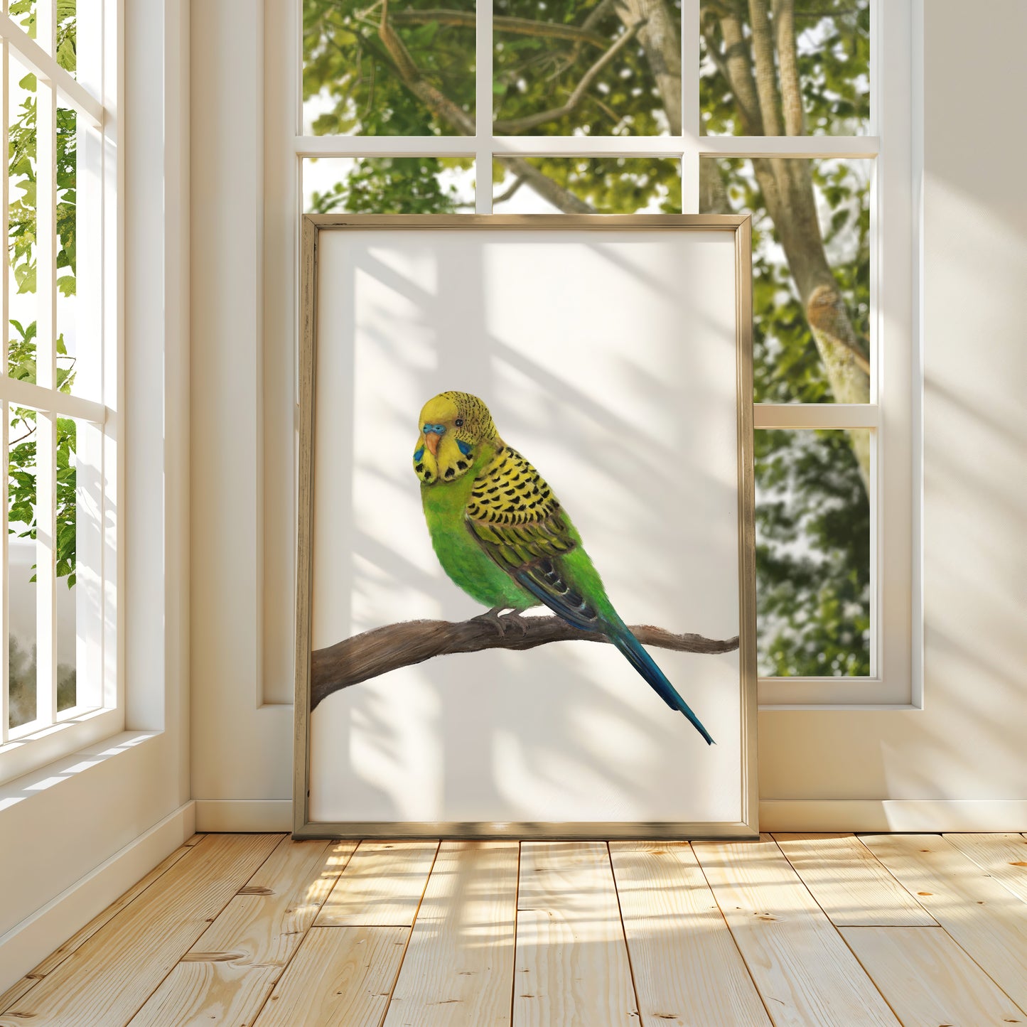 Green Budgie on Branch Art Print – Vibrant Bird Decor for Nature Lovers