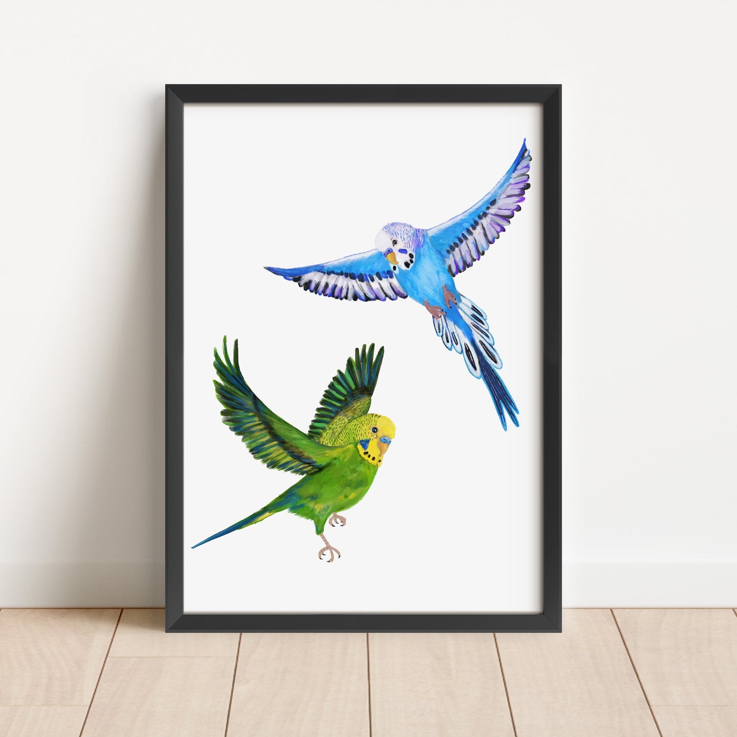 Flying Budgies Art Print – Colorful Blue and Green Parakeet Decor