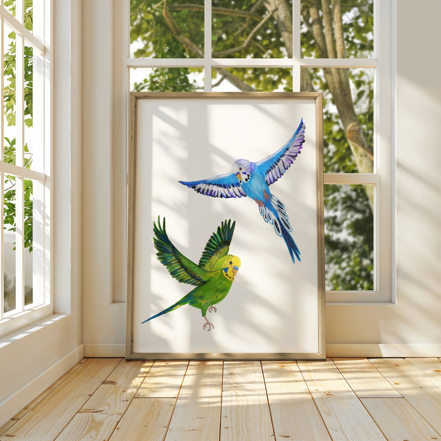 Flying Budgies Art Print – Colorful Blue and Green Parakeet Decor