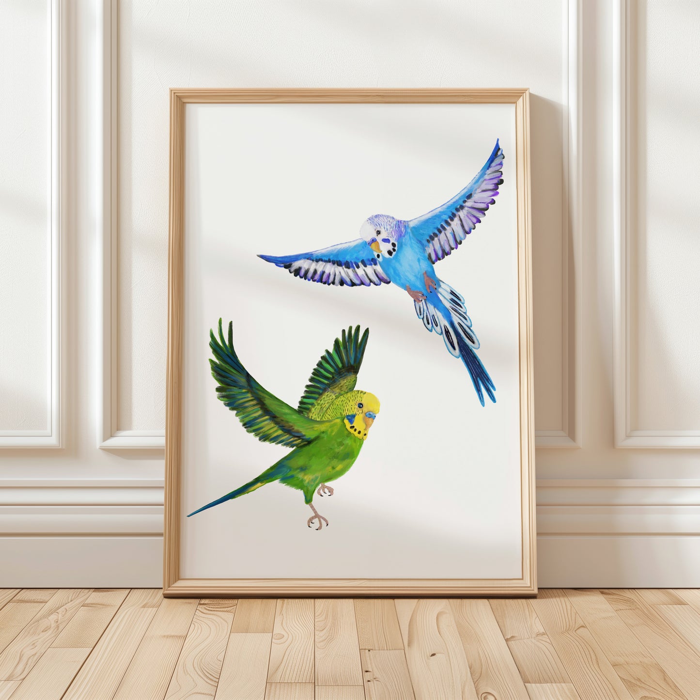 Flying Budgies Art Print – Colorful Blue and Green Parakeet Decor