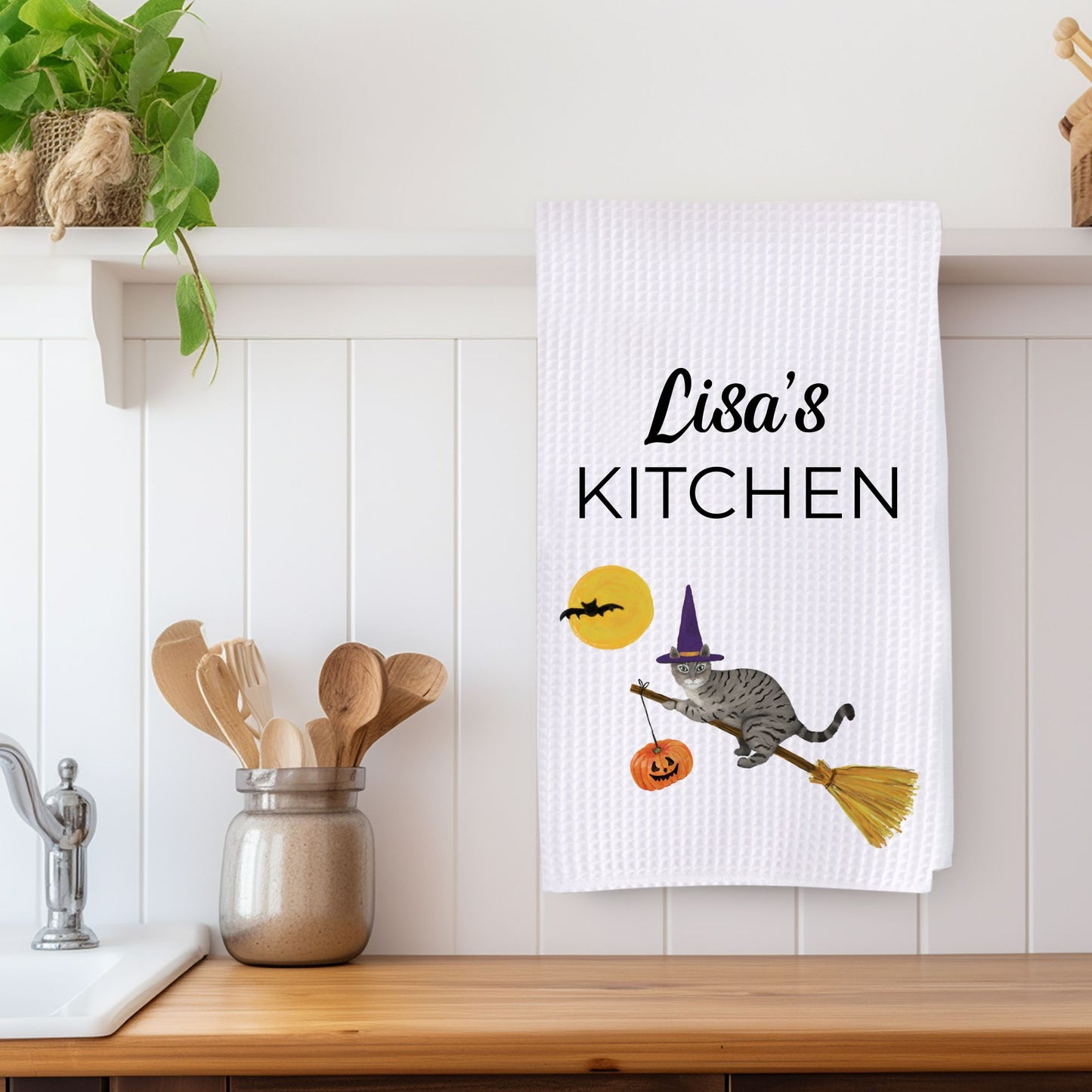 Halloween Gray Tabby Cat Kitchen Towel