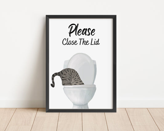 Gray Tabby Cat Drinking From Toilet Art Print – Bathroom Sign