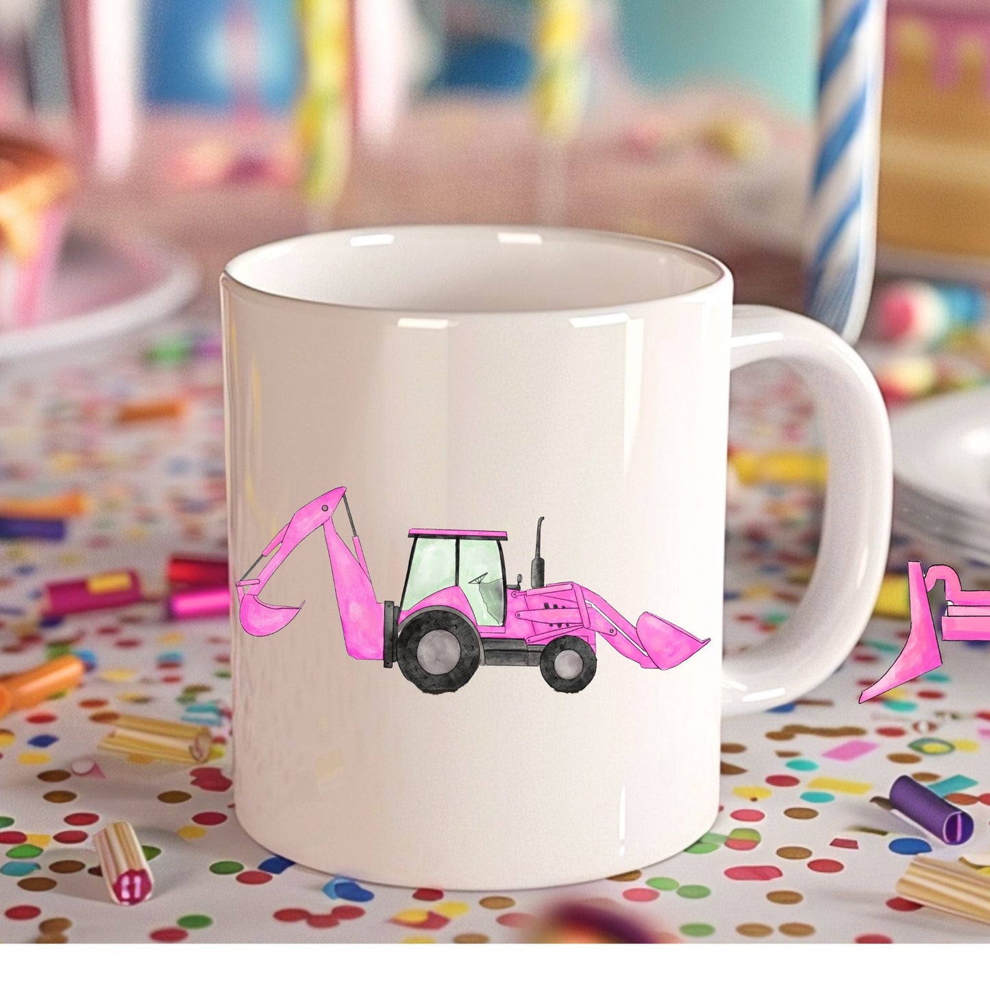 Adorable Pink Backhoe Mug - MerikaArt