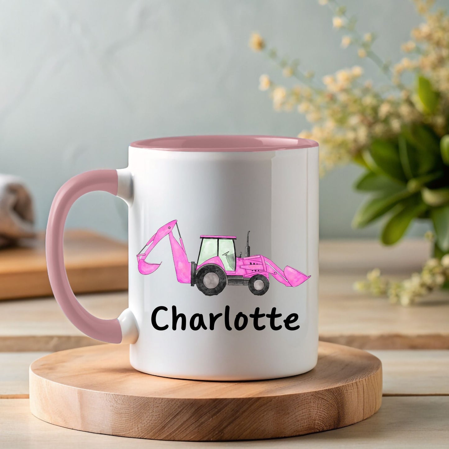 Adorable Pink Backhoe Mug - MerikaArt