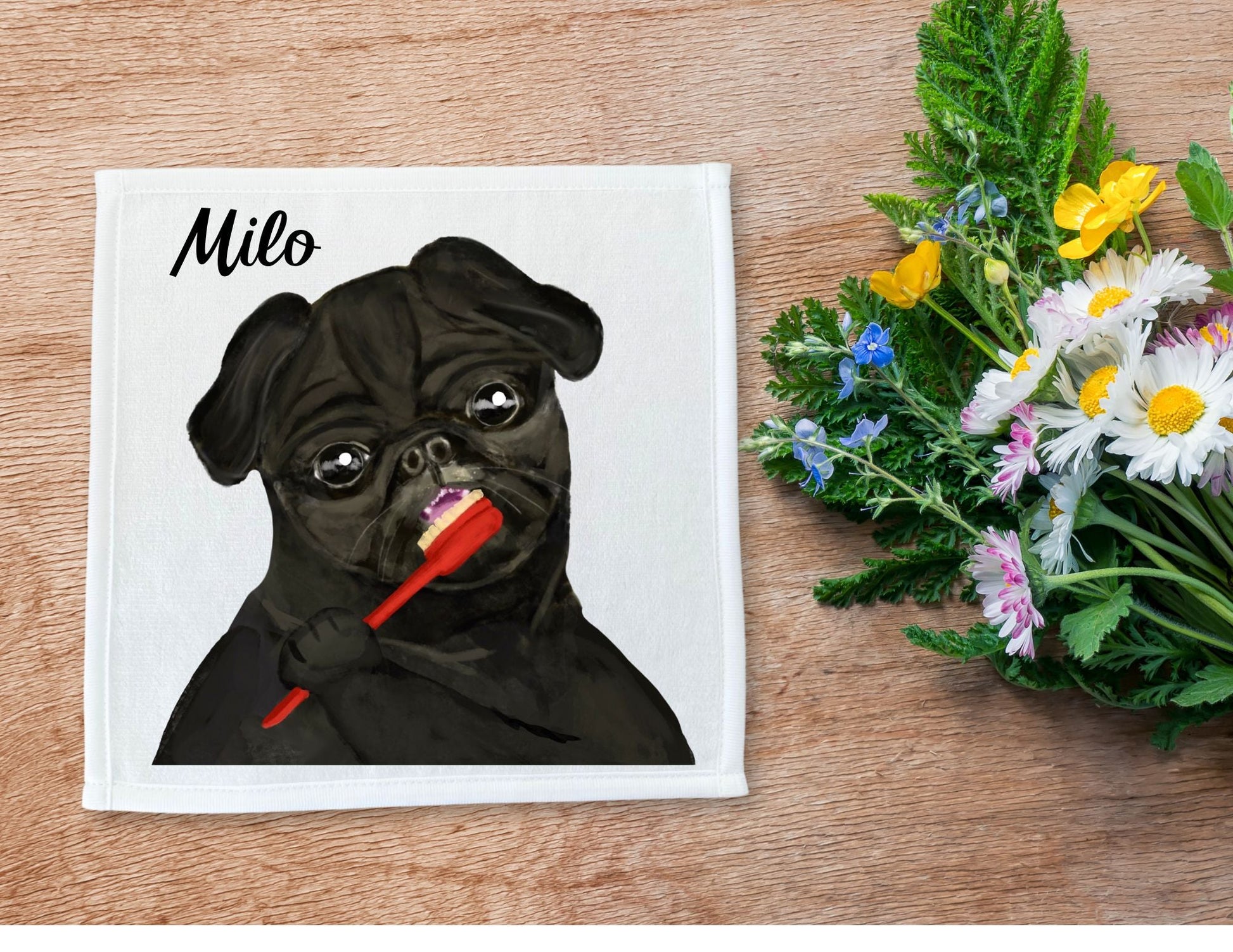Adorable Pug Toothbrushing Washcloth - MerikaArt