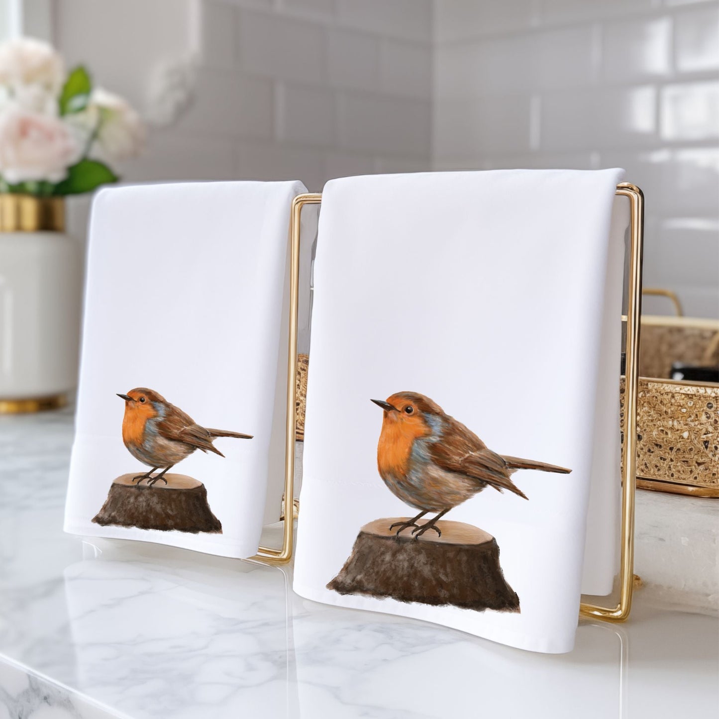American Robin on Tree Stump Bathroom Towel - MerikaArt