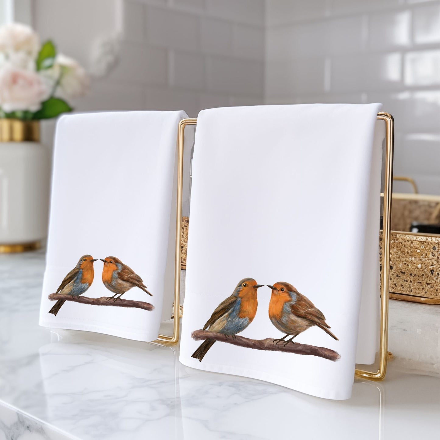 American Robin Pair on Branch Bathroom Towel - MerikaArt
