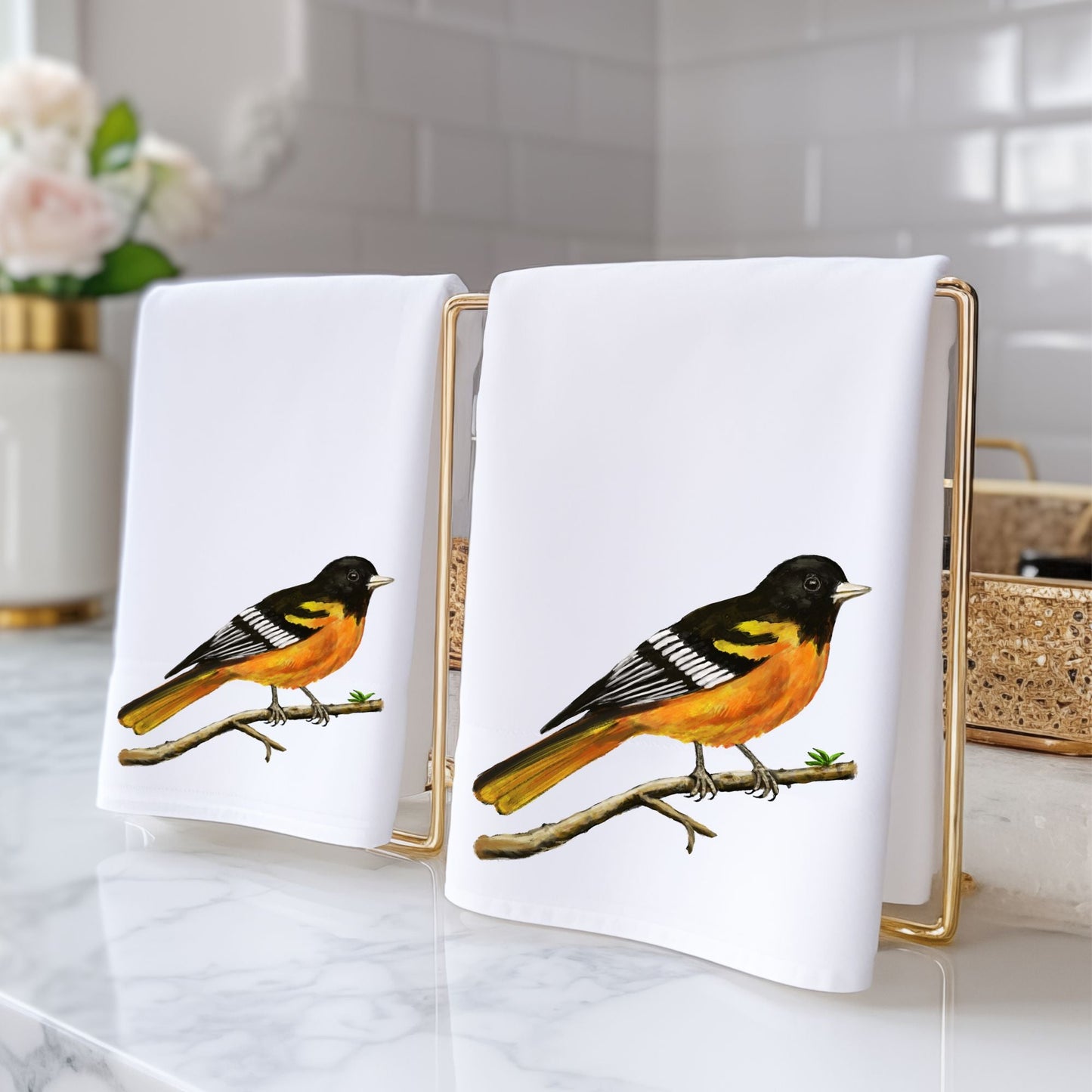 Baltimore Oriole Bird Bathroom Towel - MerikaArt