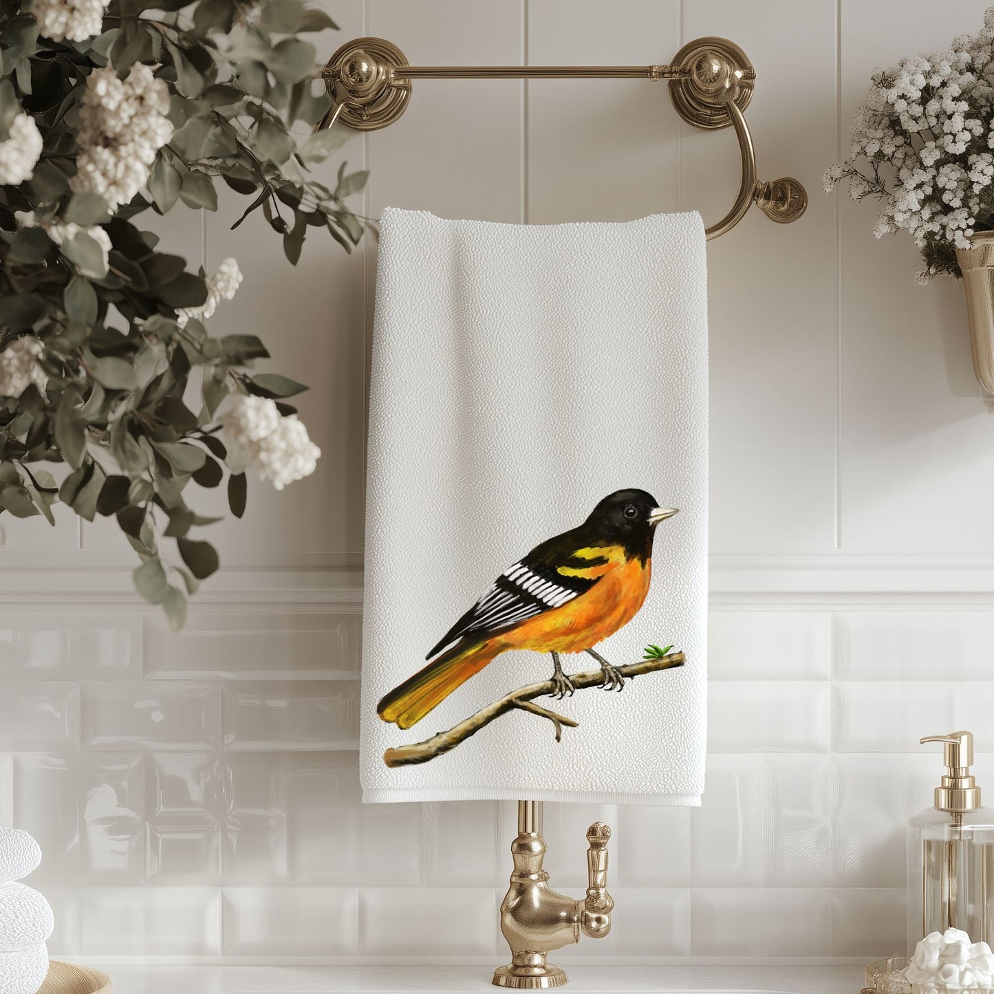 Baltimore Oriole Bird Bathroom Towel - MerikaArt