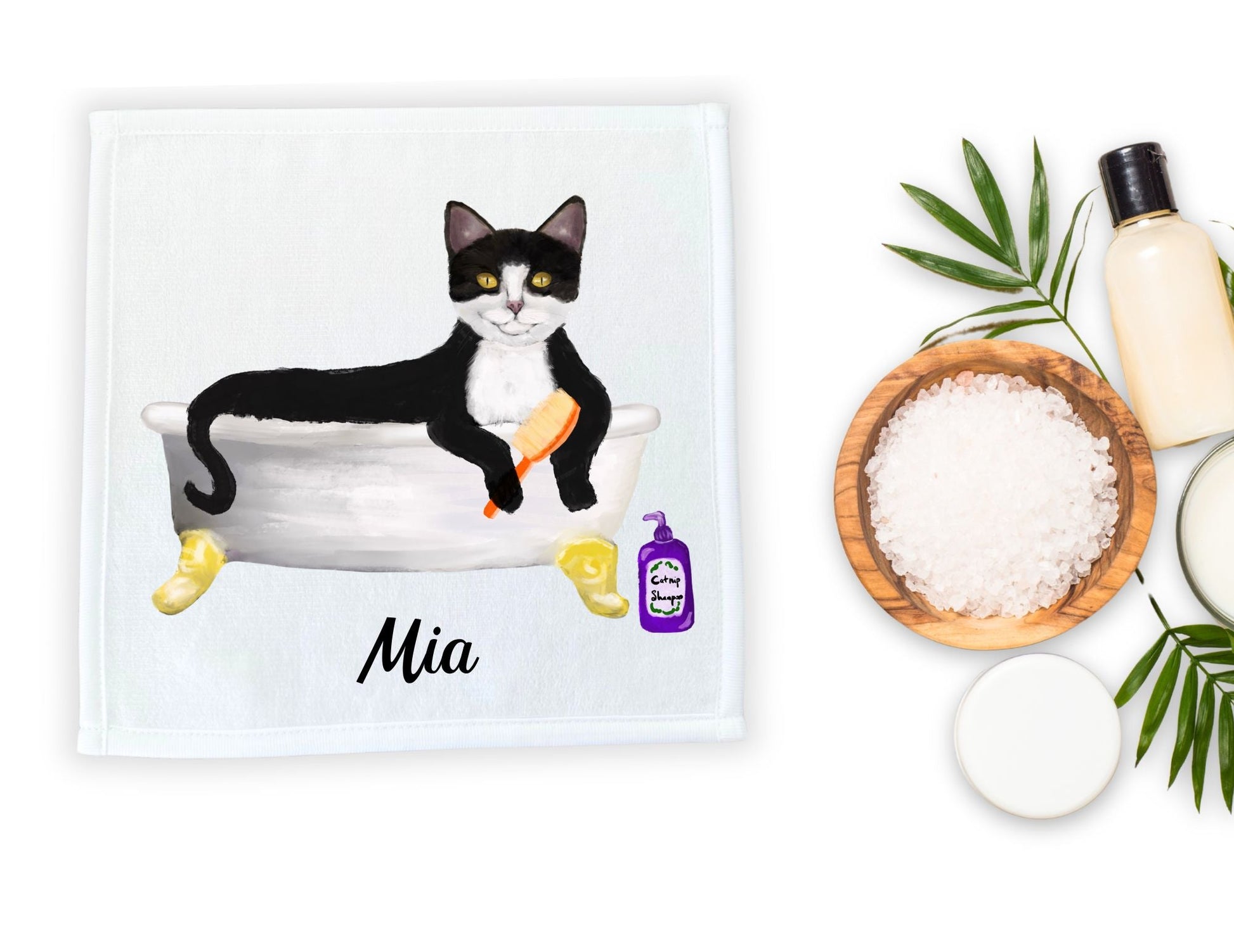 Bathing Tuxedo Cat Washcloth - MerikaArt