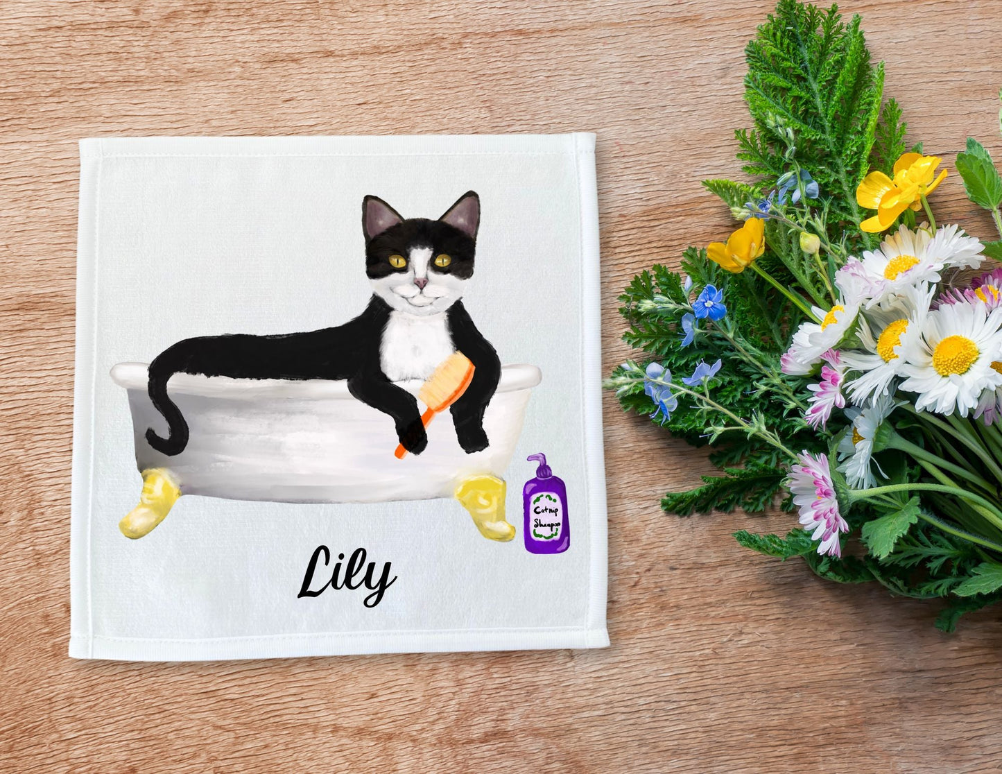 Bathing Tuxedo Cat Washcloth - MerikaArt