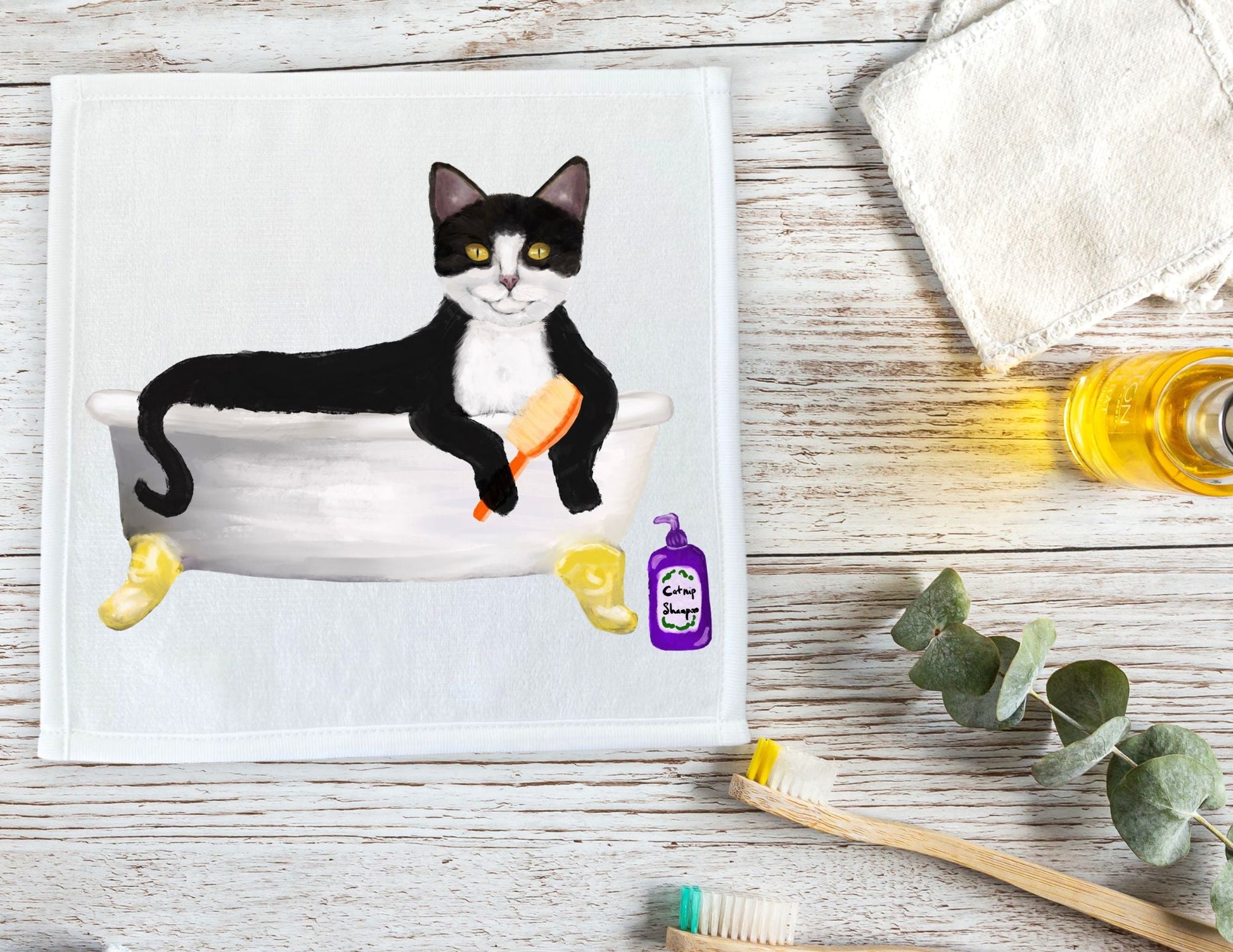 Bathing Tuxedo Cat Washcloth - MerikaArt