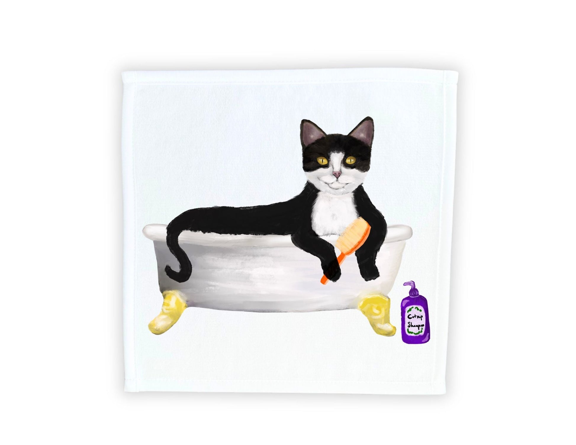 Bathing Tuxedo Cat Washcloth - MerikaArt