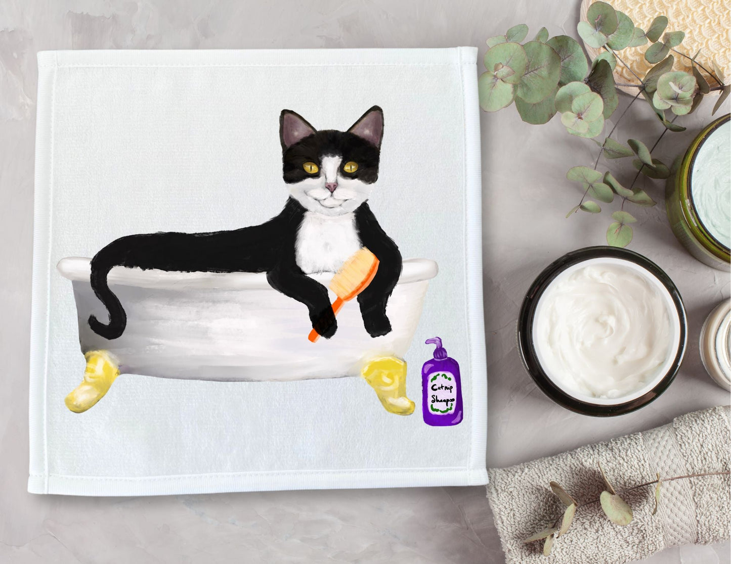 Bathing Tuxedo Cat Washcloth - MerikaArt