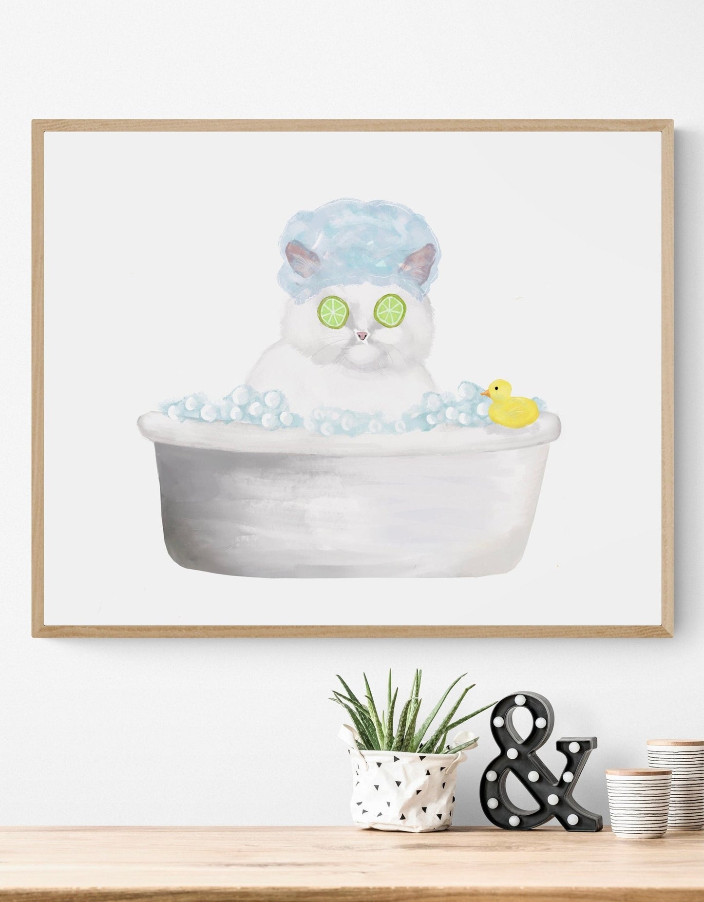 Bathing White Cat Print - MerikaArt