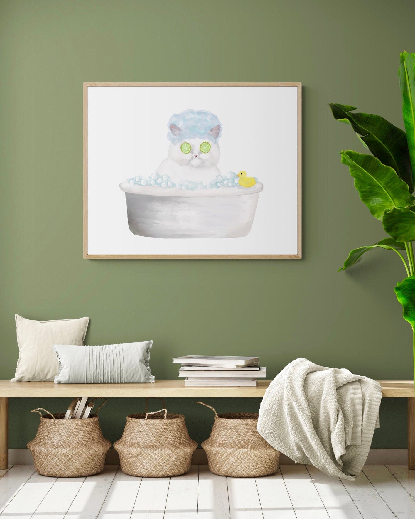 Bathing White Cat Print - MerikaArt