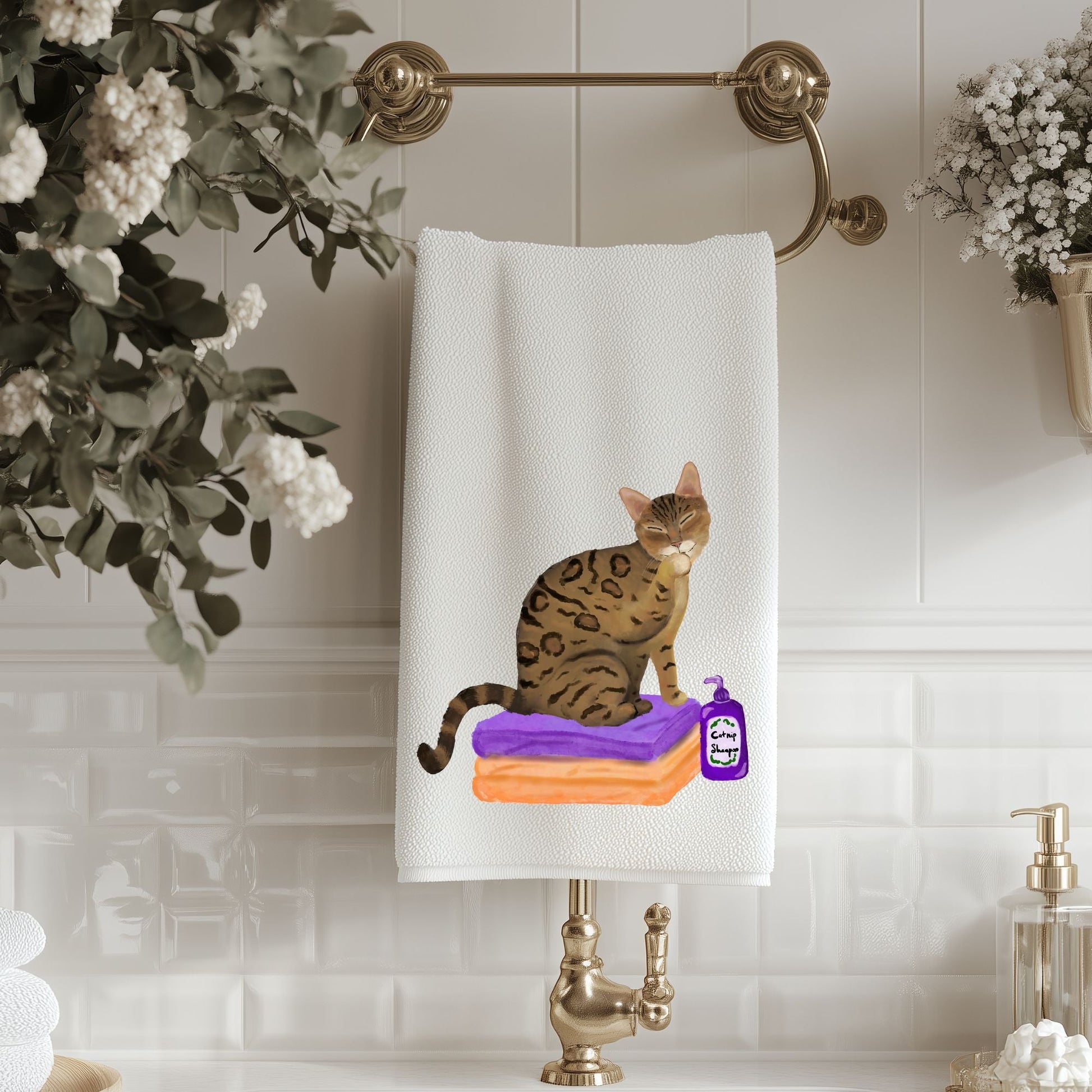 Bengal Cat on Towels Bathroom Towel - MerikaArt
