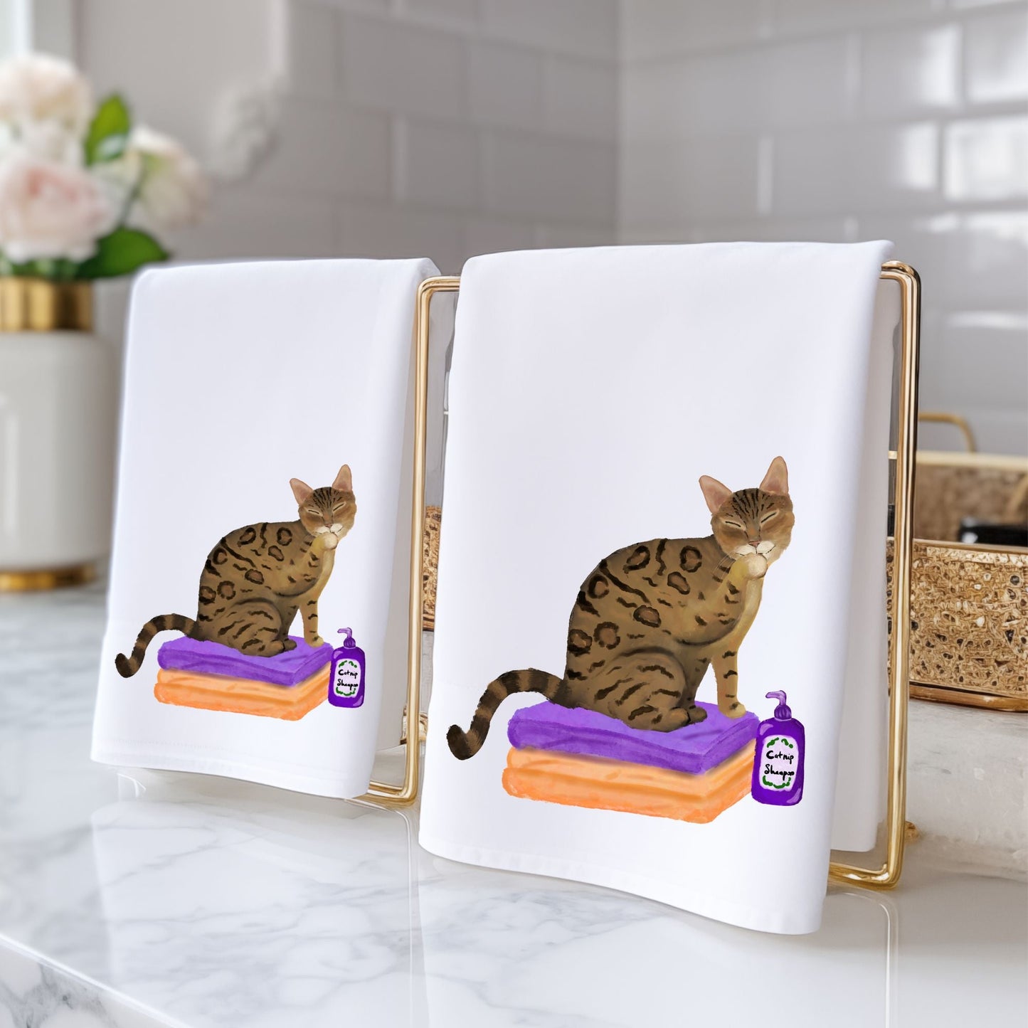 Bengal Cat on Towels Bathroom Towel - MerikaArt