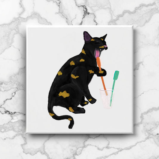Black and Gold Cat with Toothbrushes Bathroom Ceramic Tile - MerikaArt