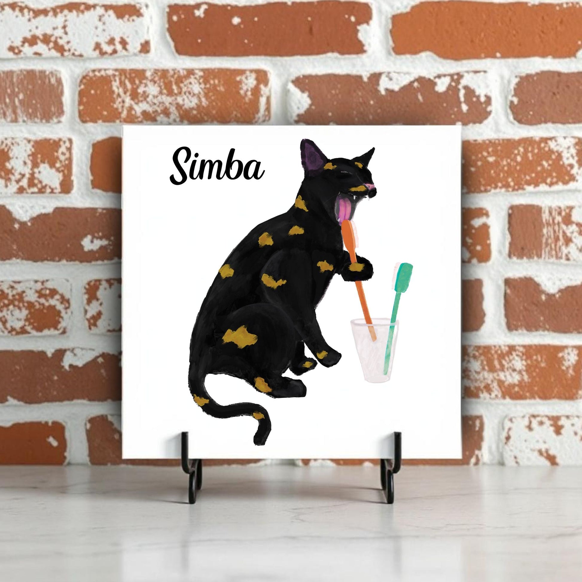 Black and Gold Cat with Toothbrushes Bathroom Ceramic Tile - MerikaArt