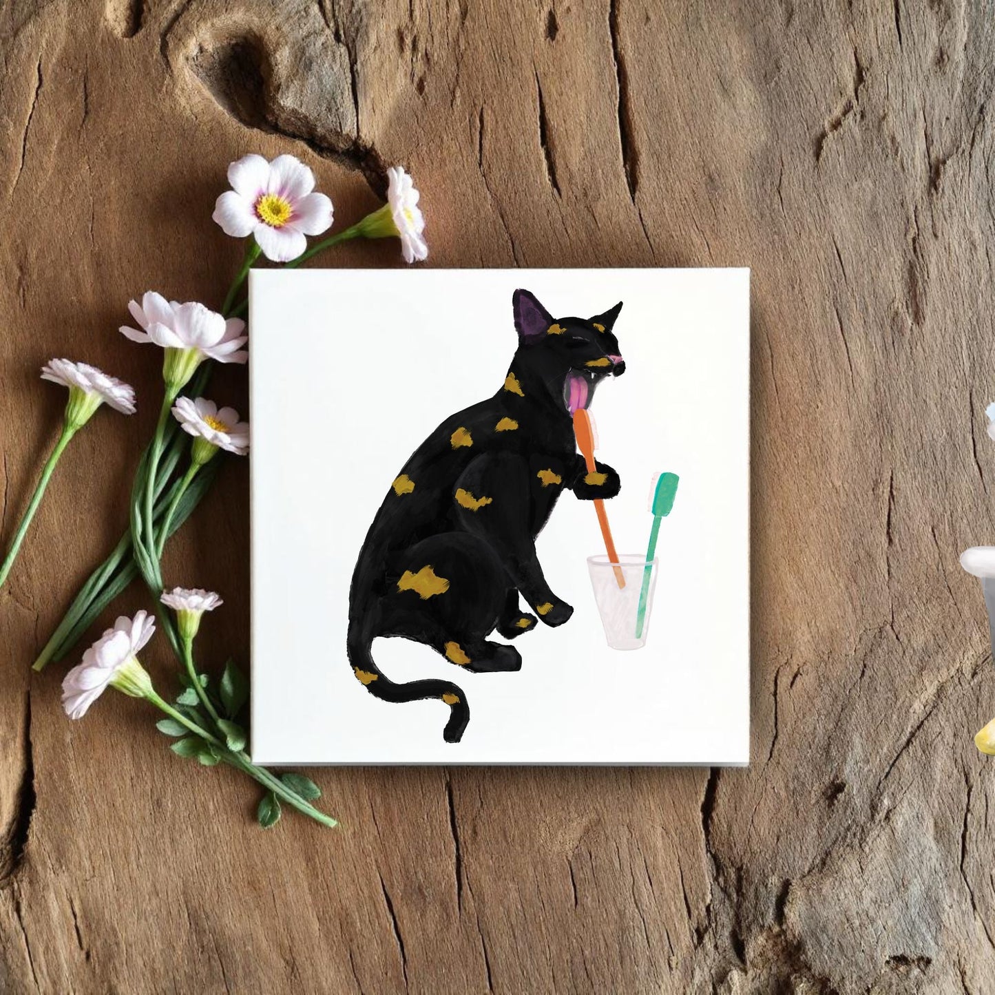 Black and Gold Cat with Toothbrushes Bathroom Ceramic Tile - MerikaArt