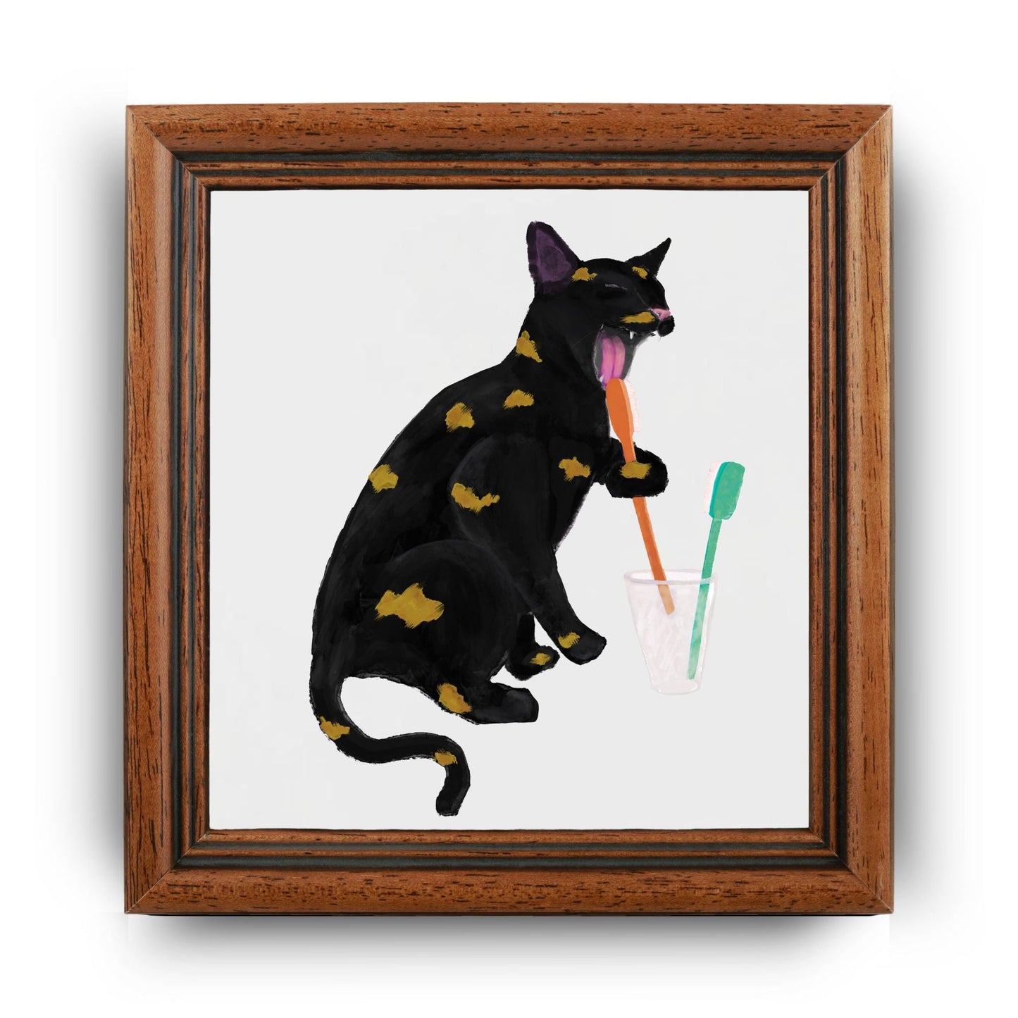 Black and Gold Cat with Toothbrushes Bathroom Ceramic Tile - MerikaArt