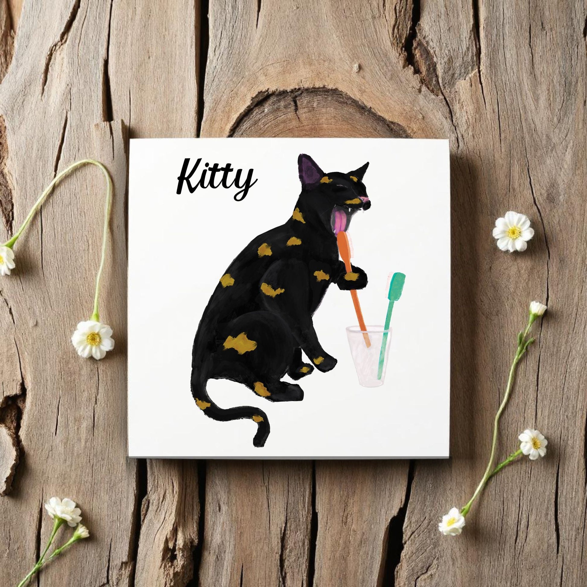 Black and Gold Cat with Toothbrushes Bathroom Ceramic Tile - MerikaArt