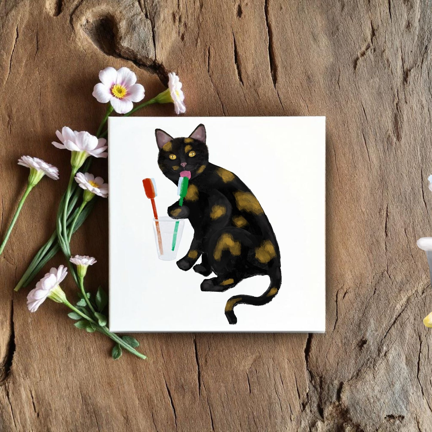 Black and Gold Cat with Toothbrushes Ceramic Tile - MerikaArt
