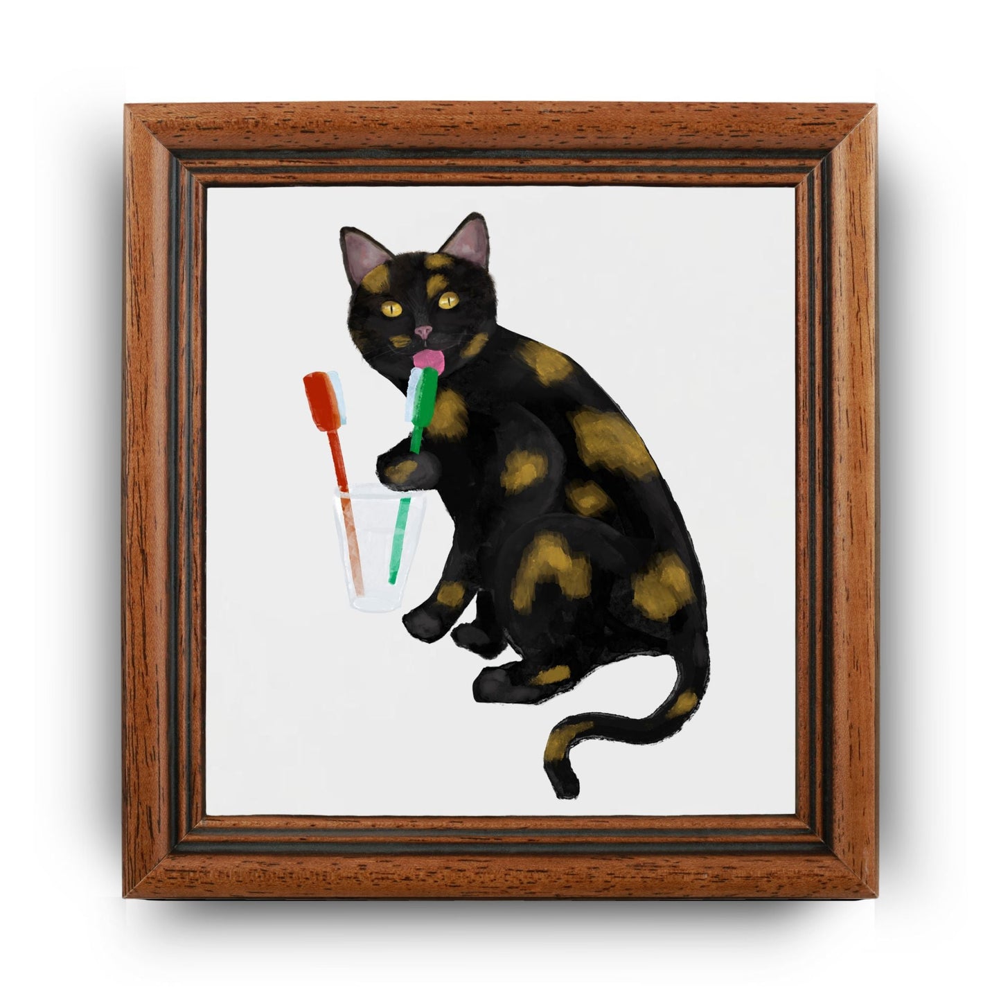 Black and Gold Cat with Toothbrushes Ceramic Tile - MerikaArt