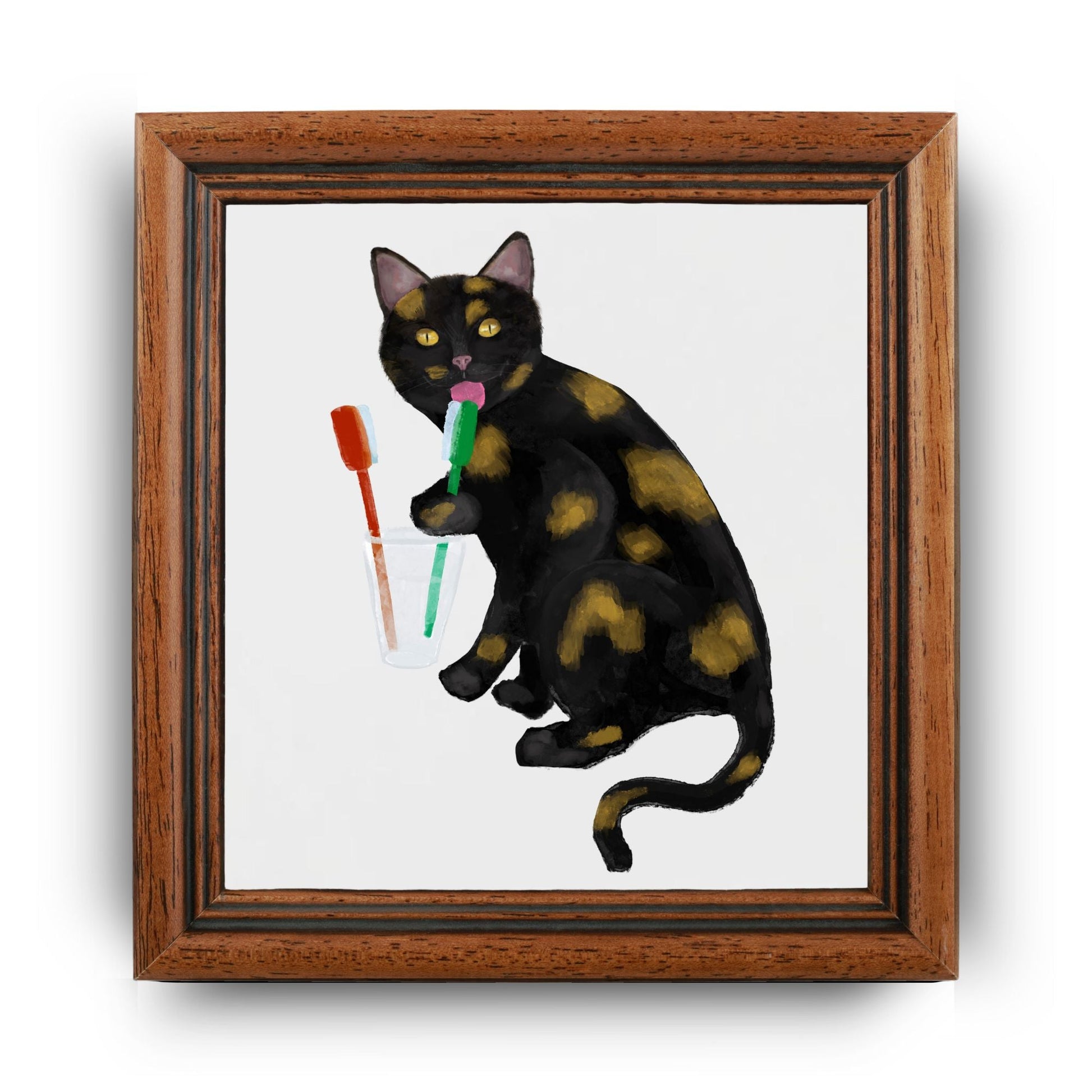Black and Gold Cat with Toothbrushes Ceramic Tile - MerikaArt