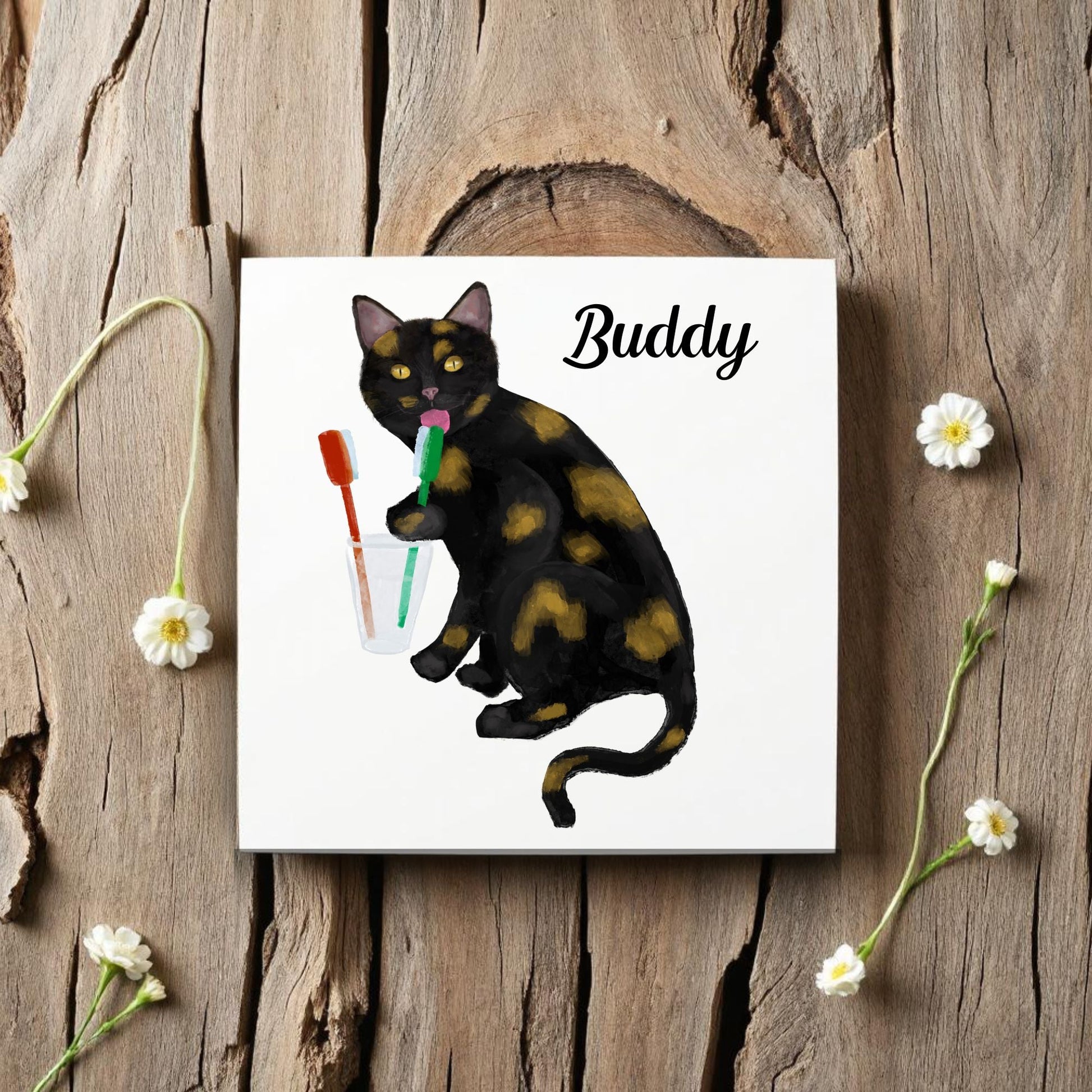 Black and Gold Cat with Toothbrushes Ceramic Tile - MerikaArt
