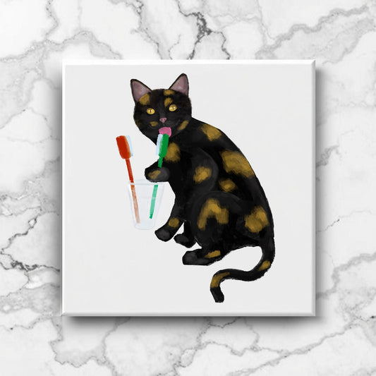 Black and Gold Cat with Toothbrushes Ceramic Tile - MerikaArt