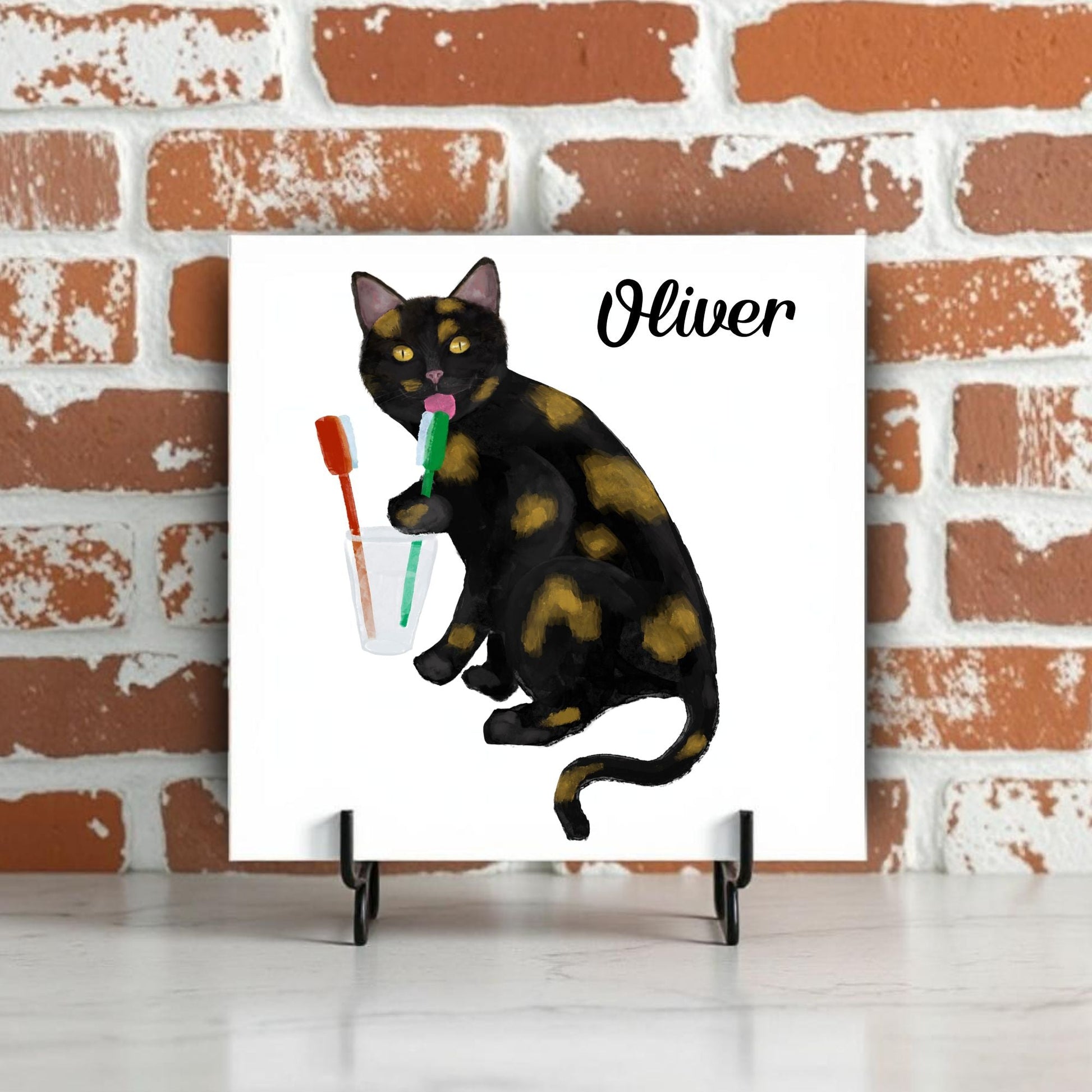 Black and Gold Cat with Toothbrushes Ceramic Tile - MerikaArt