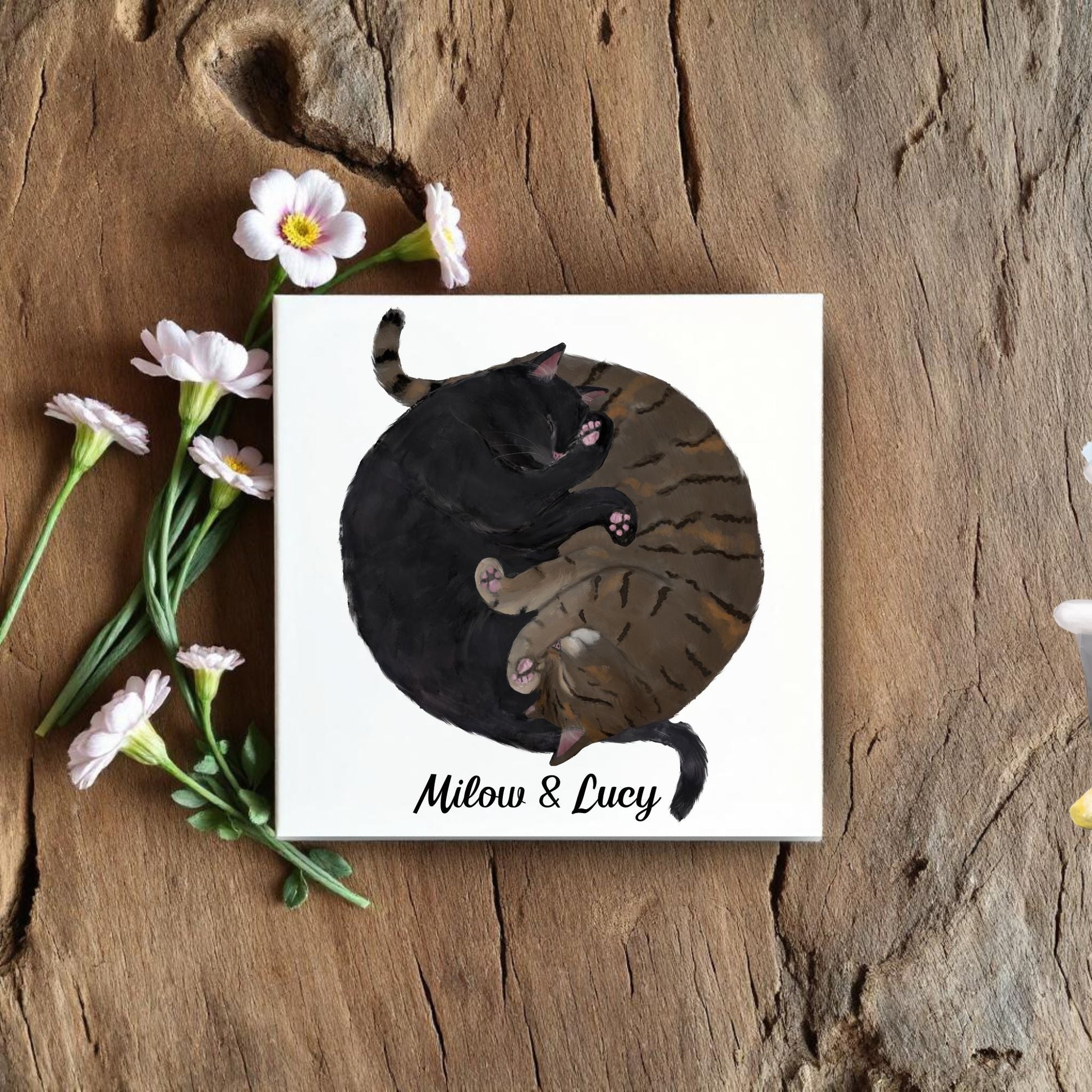 Black and Tabby Cats Yin and Yang Ceramic Tile - MerikaArt