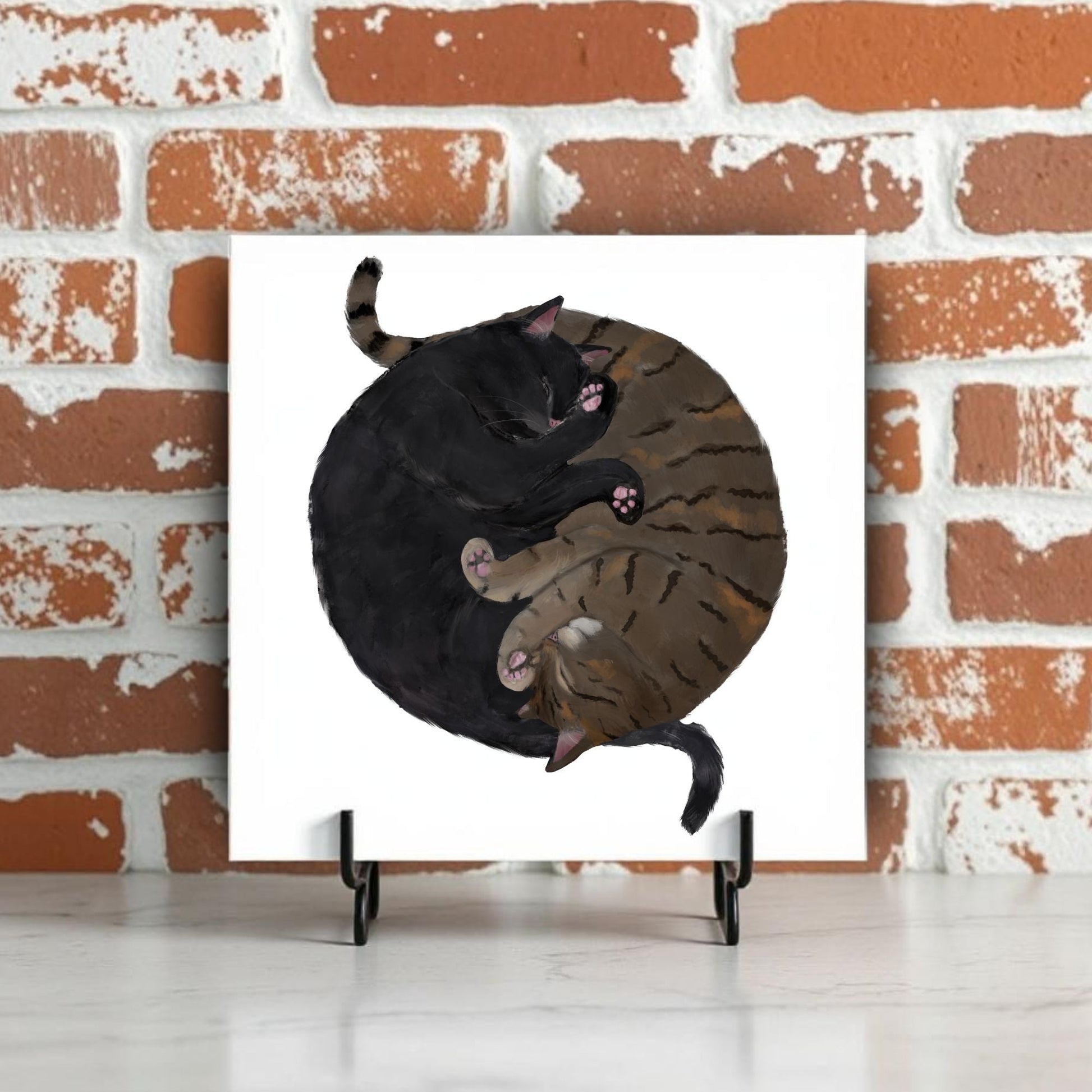 Black and Tabby Cats Yin and Yang Ceramic Tile - MerikaArt
