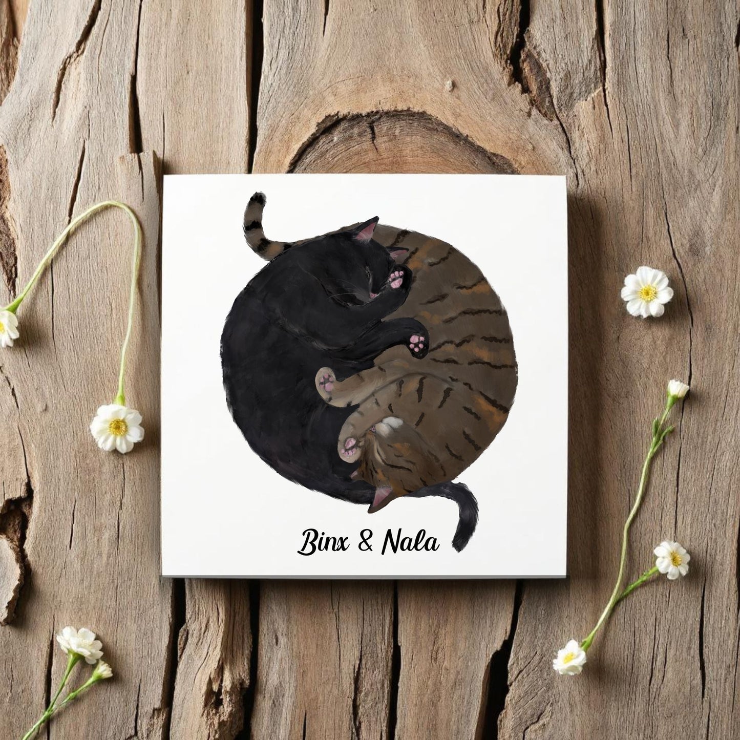 Black and Tabby Cats Yin and Yang Ceramic Tile - MerikaArt