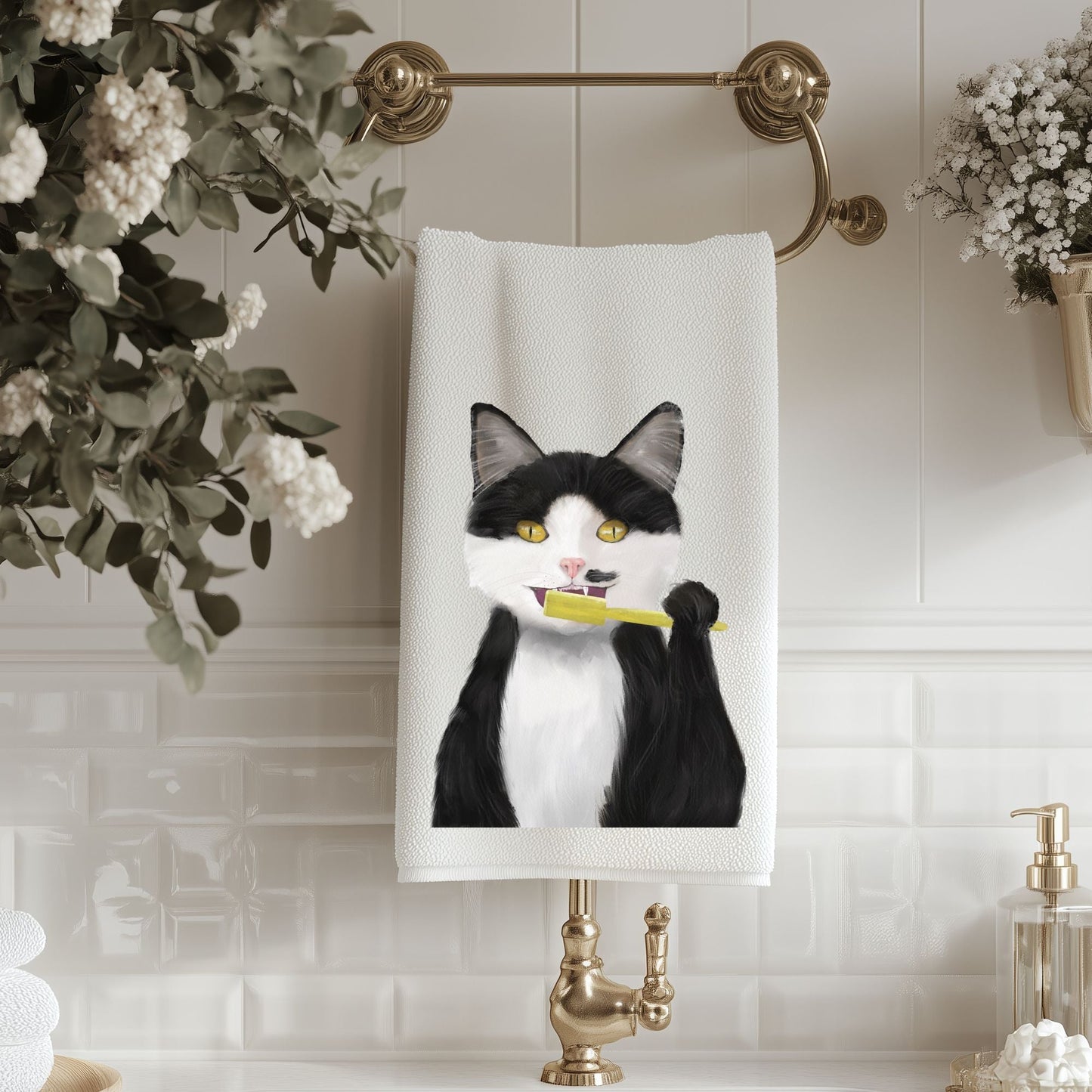 Black and White Cat Brushing Teeth Bathroom Towel - MerikaArt