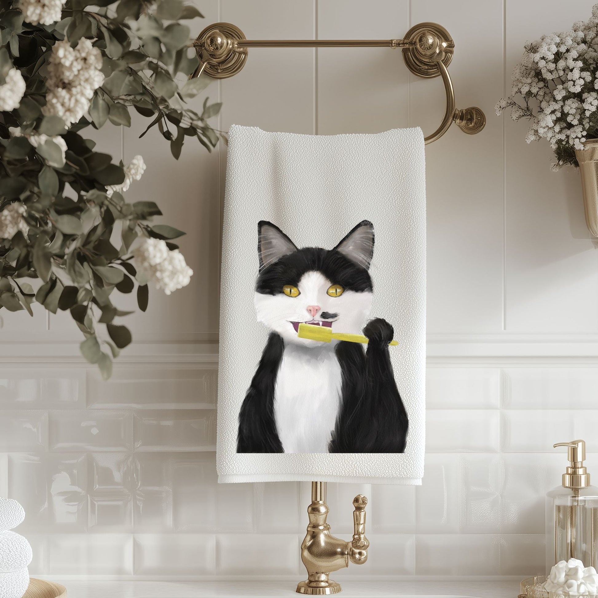 Black and White Cat Brushing Teeth Bathroom Towel - MerikaArt