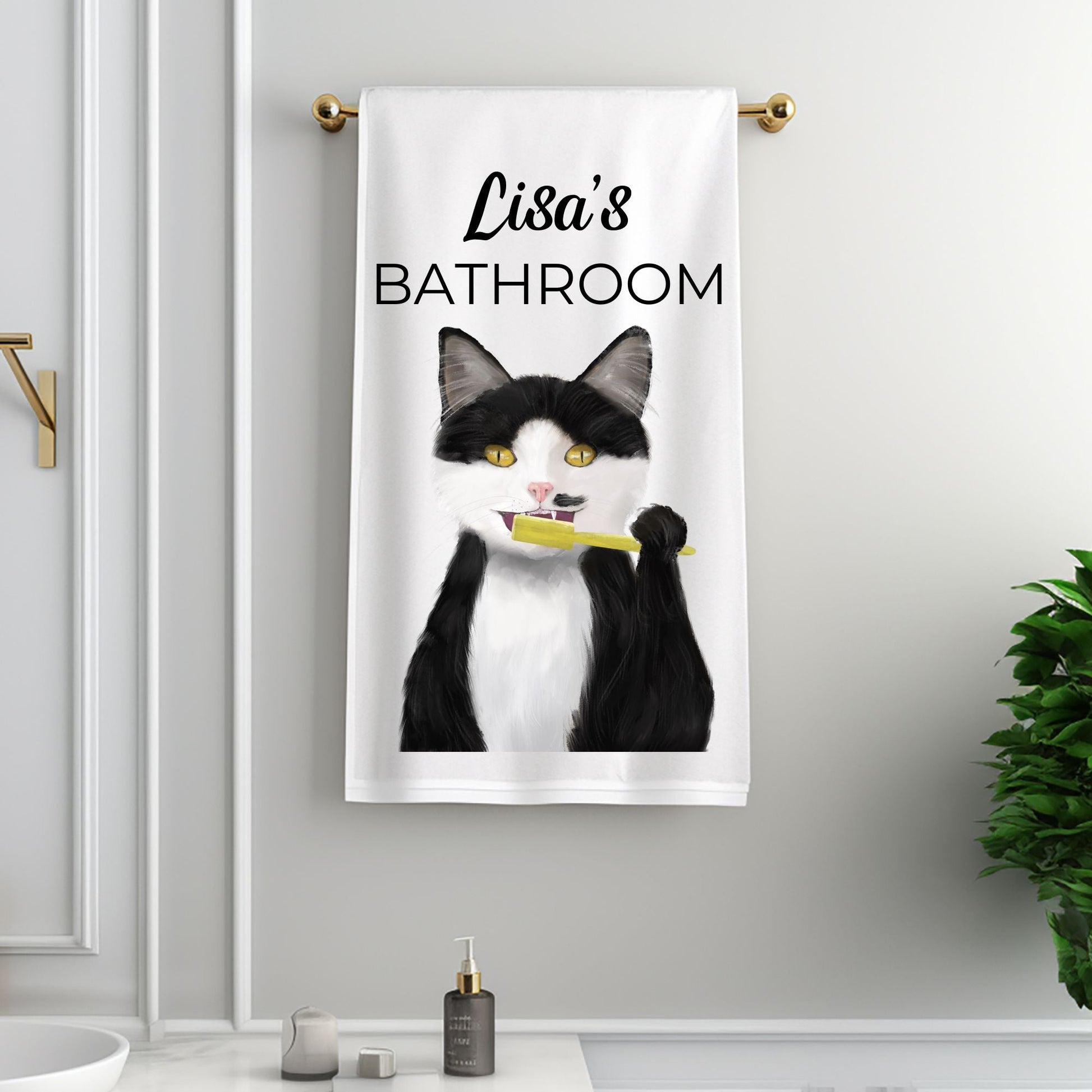 Black and White Cat Brushing Teeth Bathroom Towel - MerikaArt