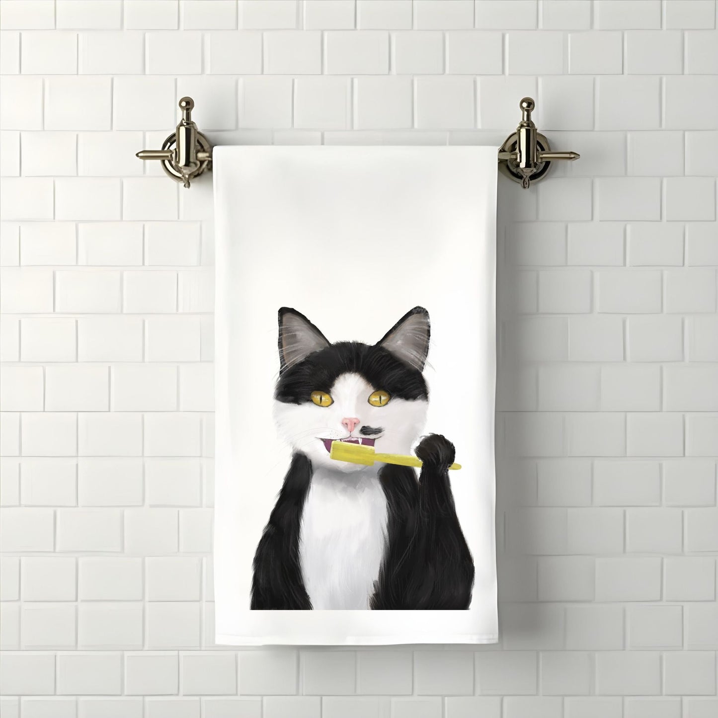 Black and White Cat Brushing Teeth Bathroom Towel - MerikaArt