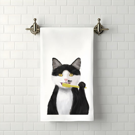Black and White Cat Brushing Teeth Bathroom Towel - MerikaArt