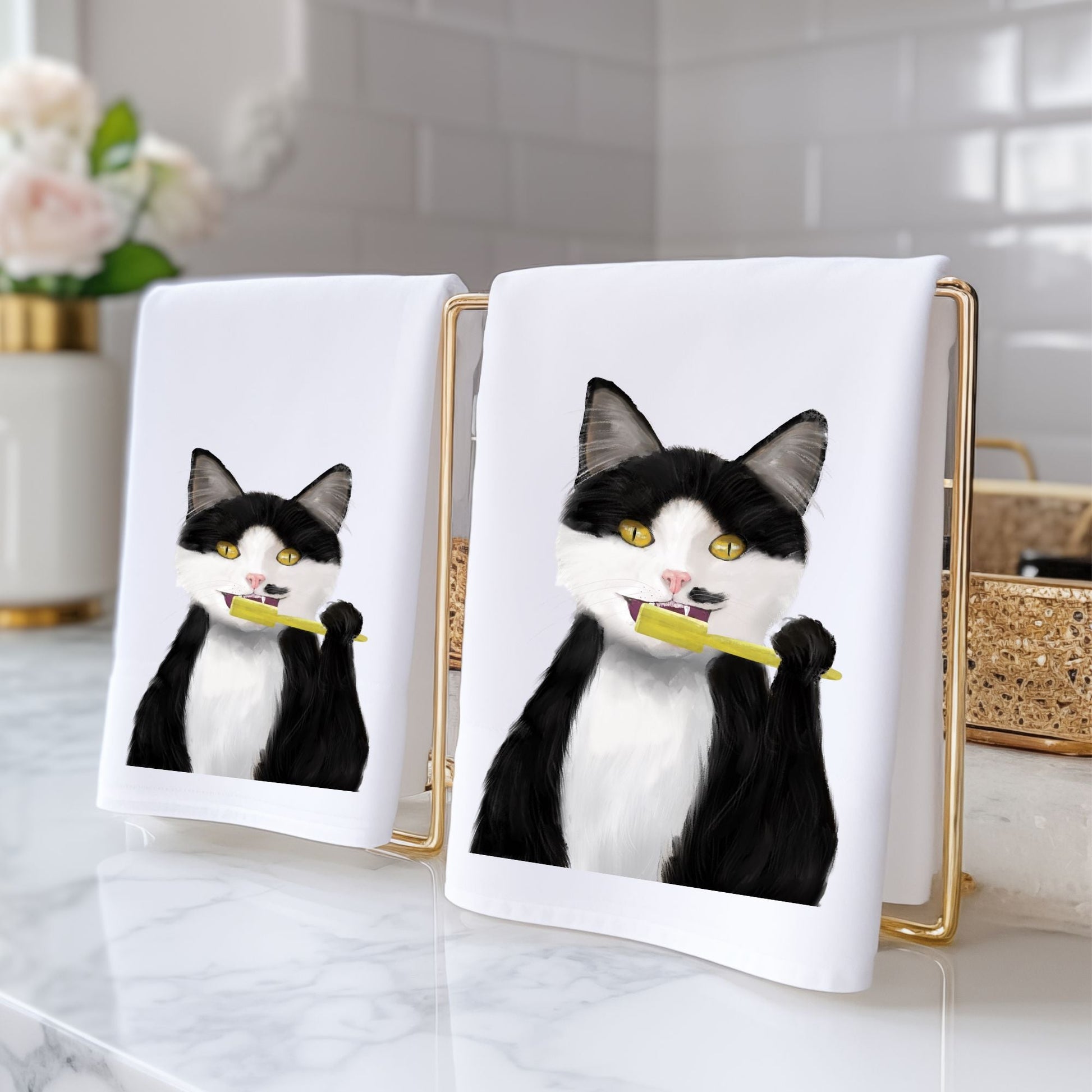 Black and White Cat Brushing Teeth Bathroom Towel - MerikaArt