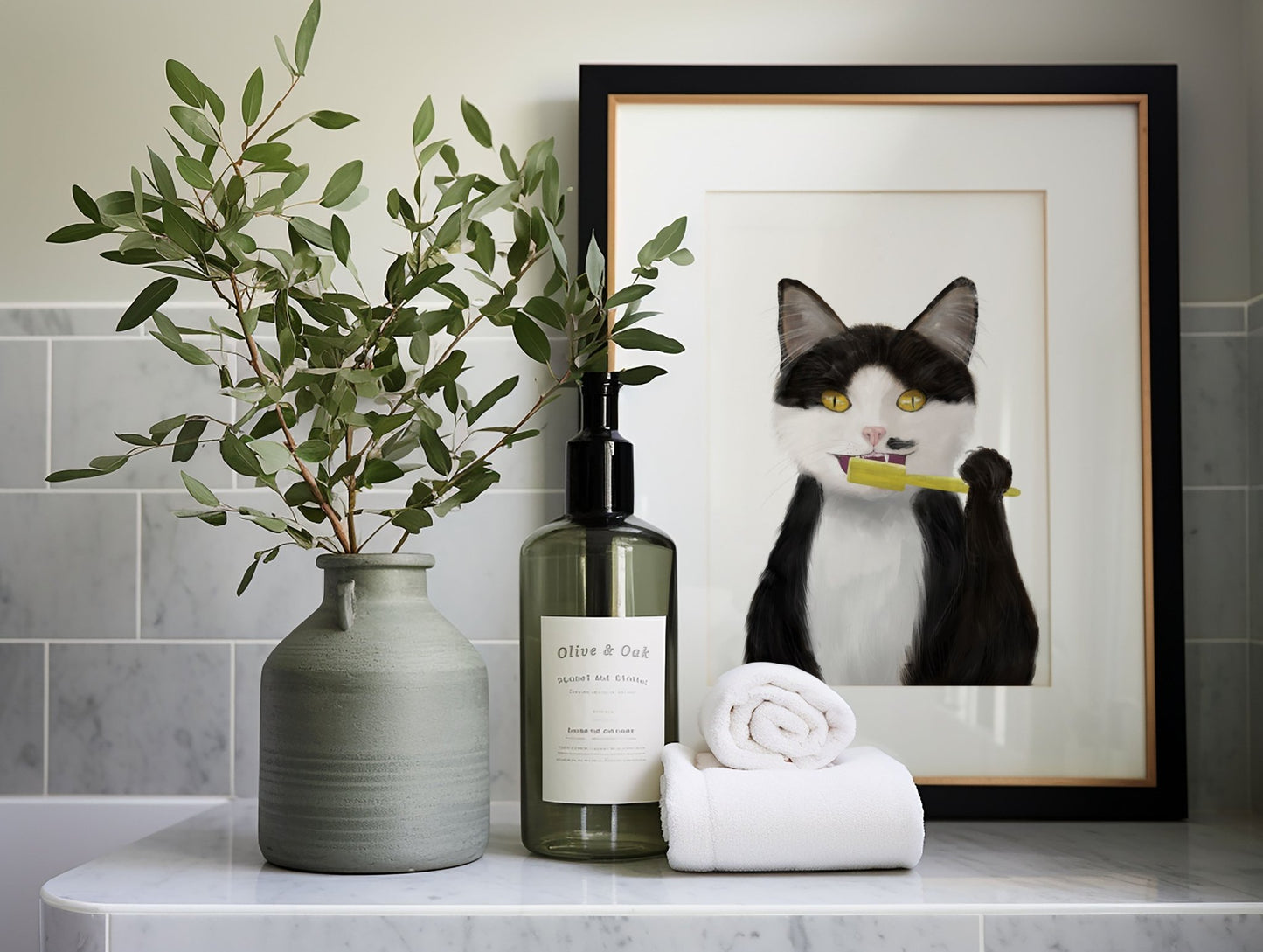 Black and White Cat Brushing Teeth – Fun and Unique Cat Art Print - MerikaArt