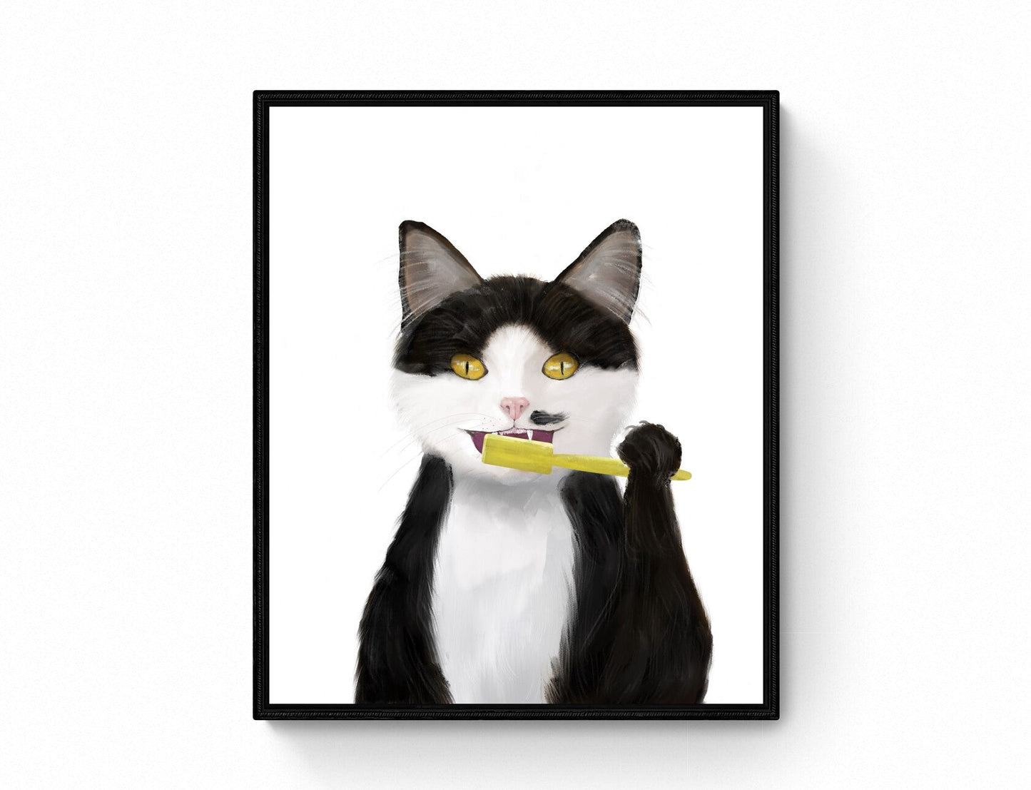 Black and White Cat Brushing Teeth – Fun and Unique Cat Art Print - MerikaArt