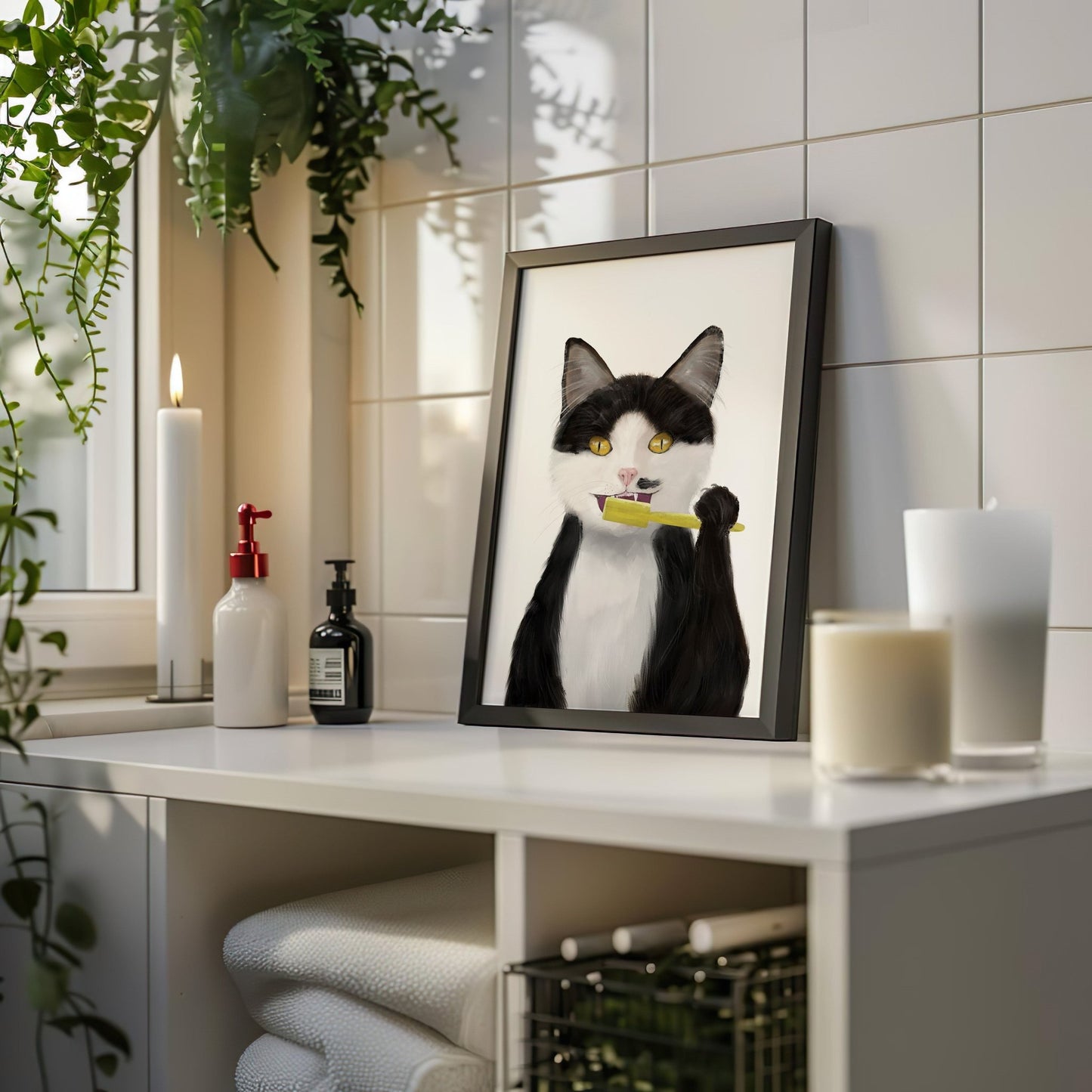 Black and White Cat Brushing Teeth – Fun and Unique Cat Art Print - MerikaArt