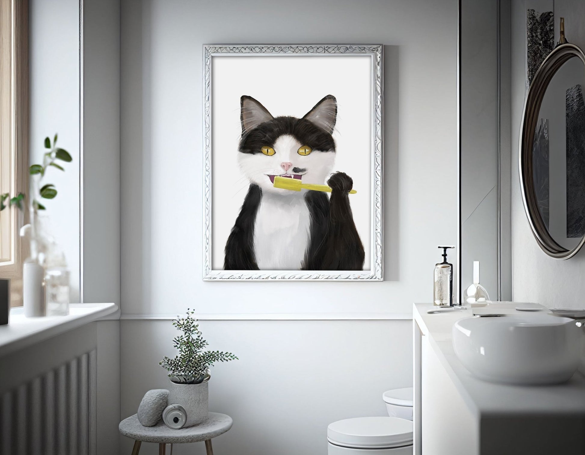 Black and White Cat Brushing Teeth – Fun and Unique Cat Art Print - MerikaArt