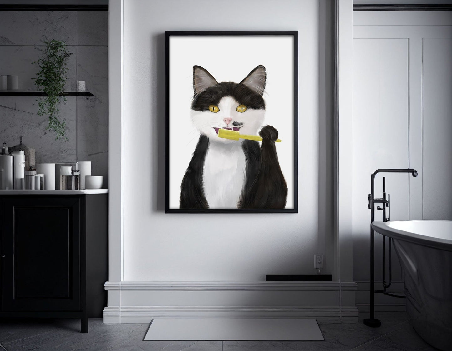 Black and White Cat Brushing Teeth – Fun and Unique Cat Art Print - MerikaArt