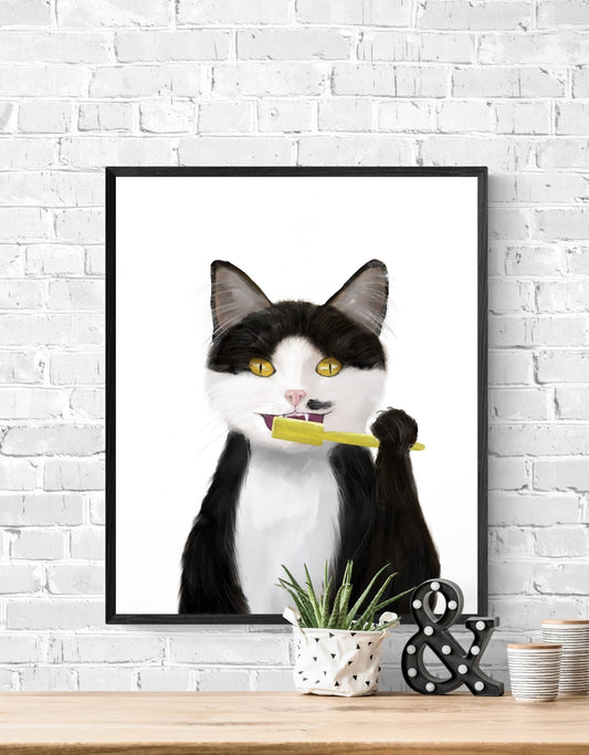 Black and White Cat Brushing Teeth – Fun and Unique Cat Art Print - MerikaArt