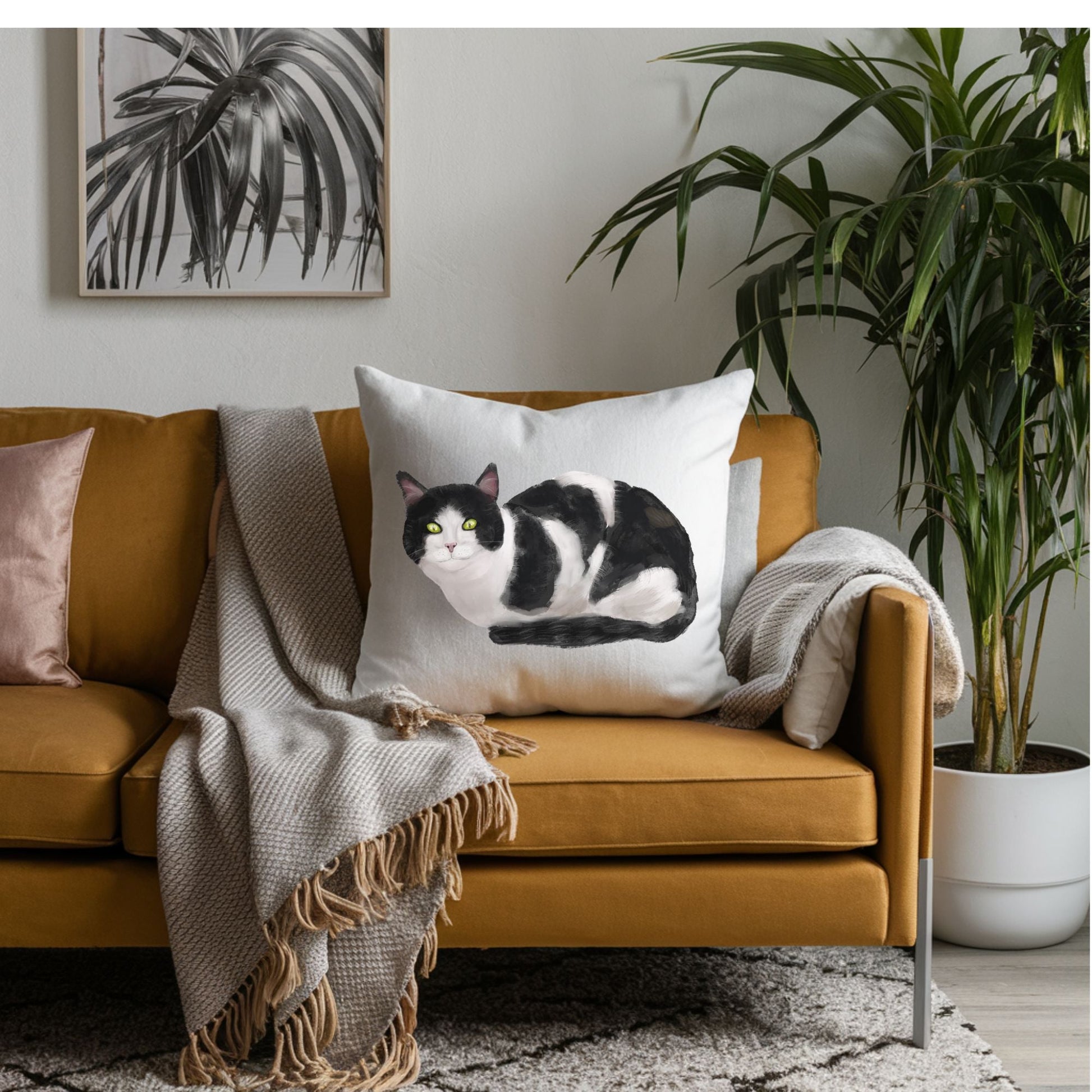 Black and White Cat Pillow - MerikaArt