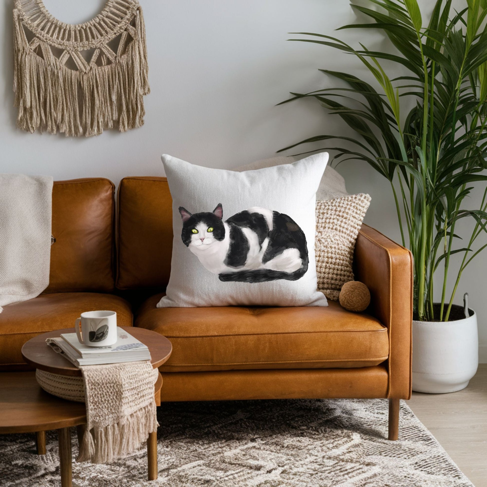 Black and White Cat Pillow - MerikaArt